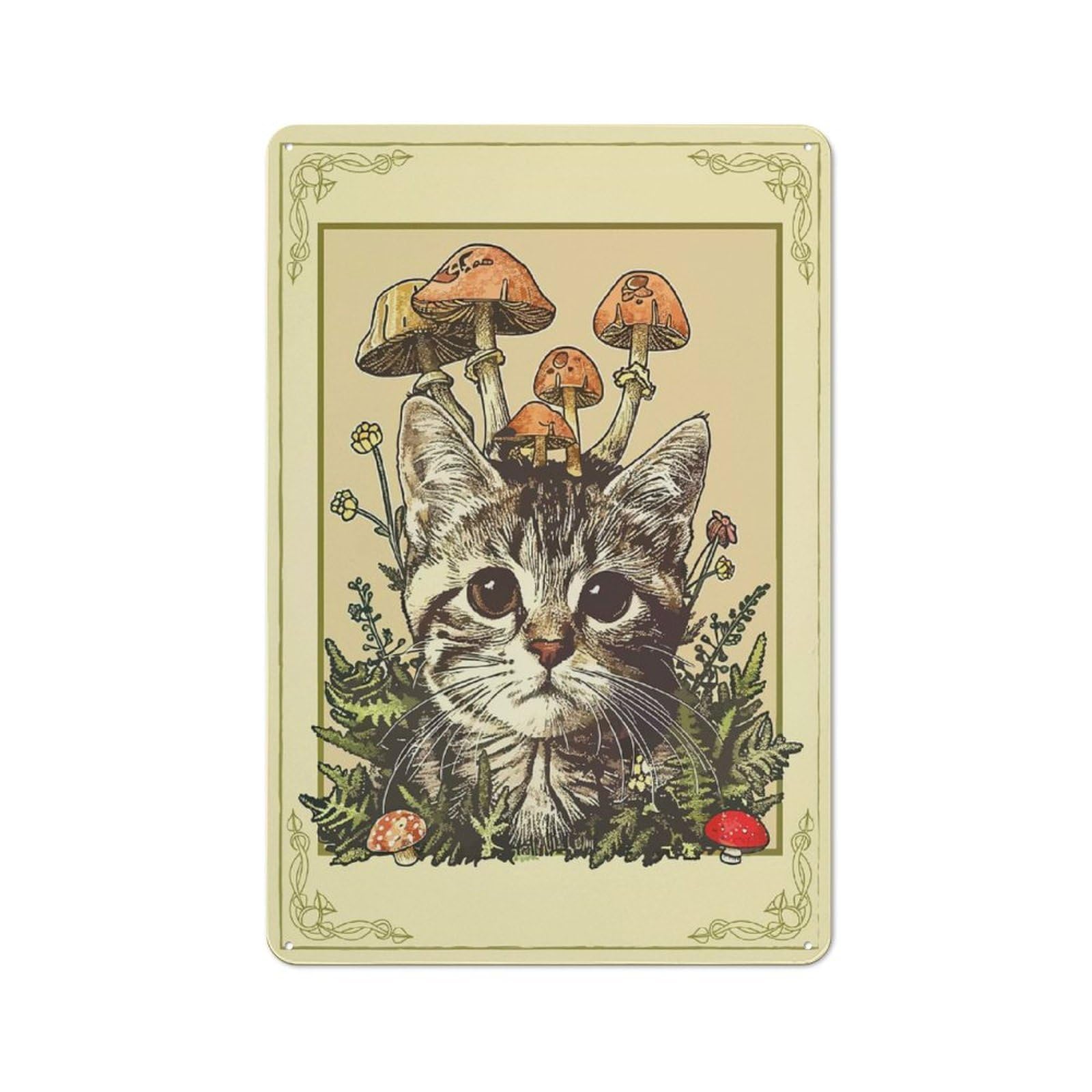 Junmoney Style-14 30X20cm Retro Metal Sign With Cottagecore Cute Cat Mushroom For Home Office Or Studio, Suited To Wall Displays In Home Offices And Studios