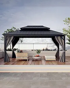Hardtop Gazebo 12'x16' for All Weather, with Double Metal Roof, Aluminum Alloy Frame, Net, and Curtain, Permanent Building for Patio, Deck, Backyard, Lawn, and Garden, Gray