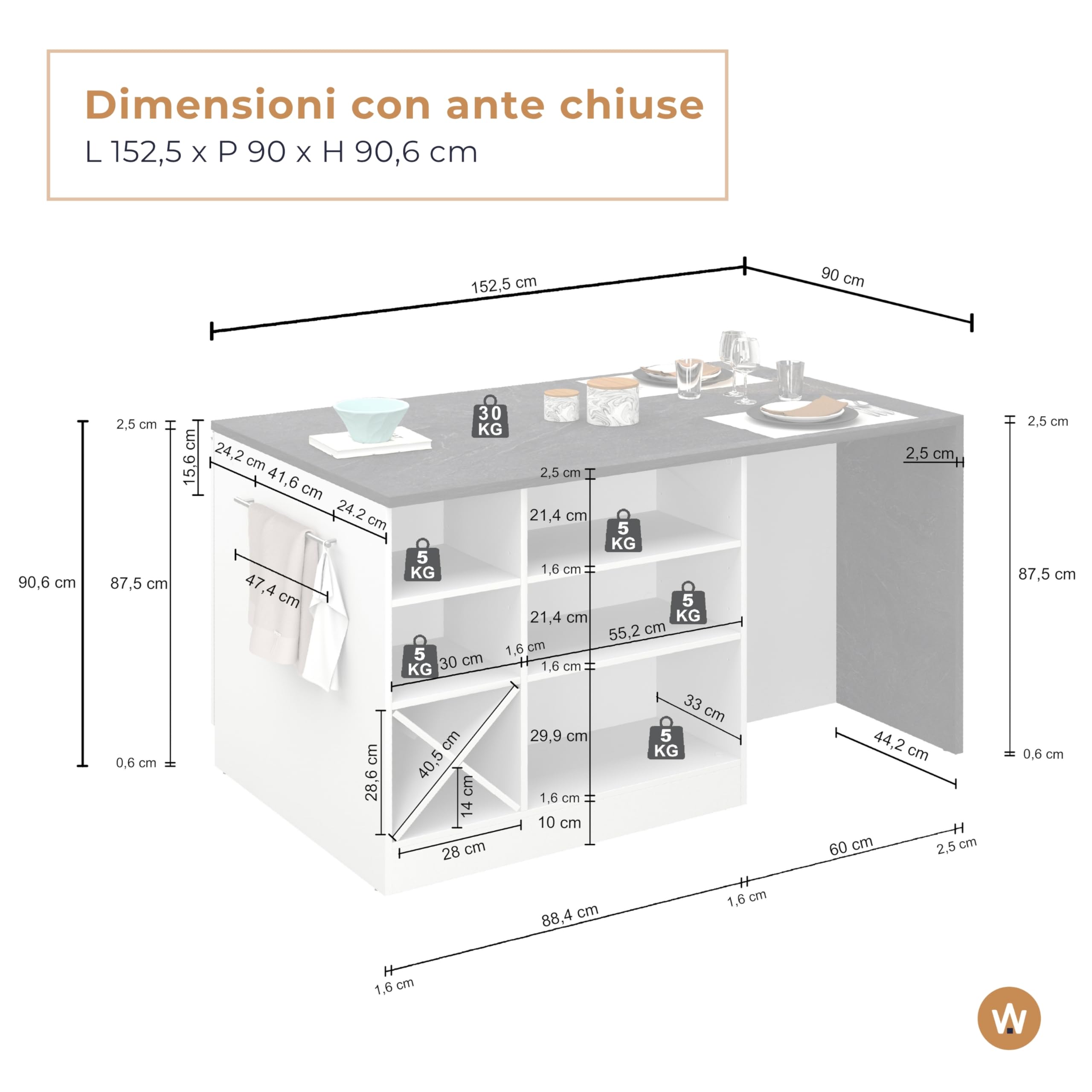 WHOUS Isola Cucina SOLE con 1 Anta, 2 Cassetti e 6 Vani, Tavolo da Pranzo e Piano di Lavoro, Ideale per Open Space e Spazi Ridotti, 152,5x90x90,60 cm, Antracite Opaco e Rovere