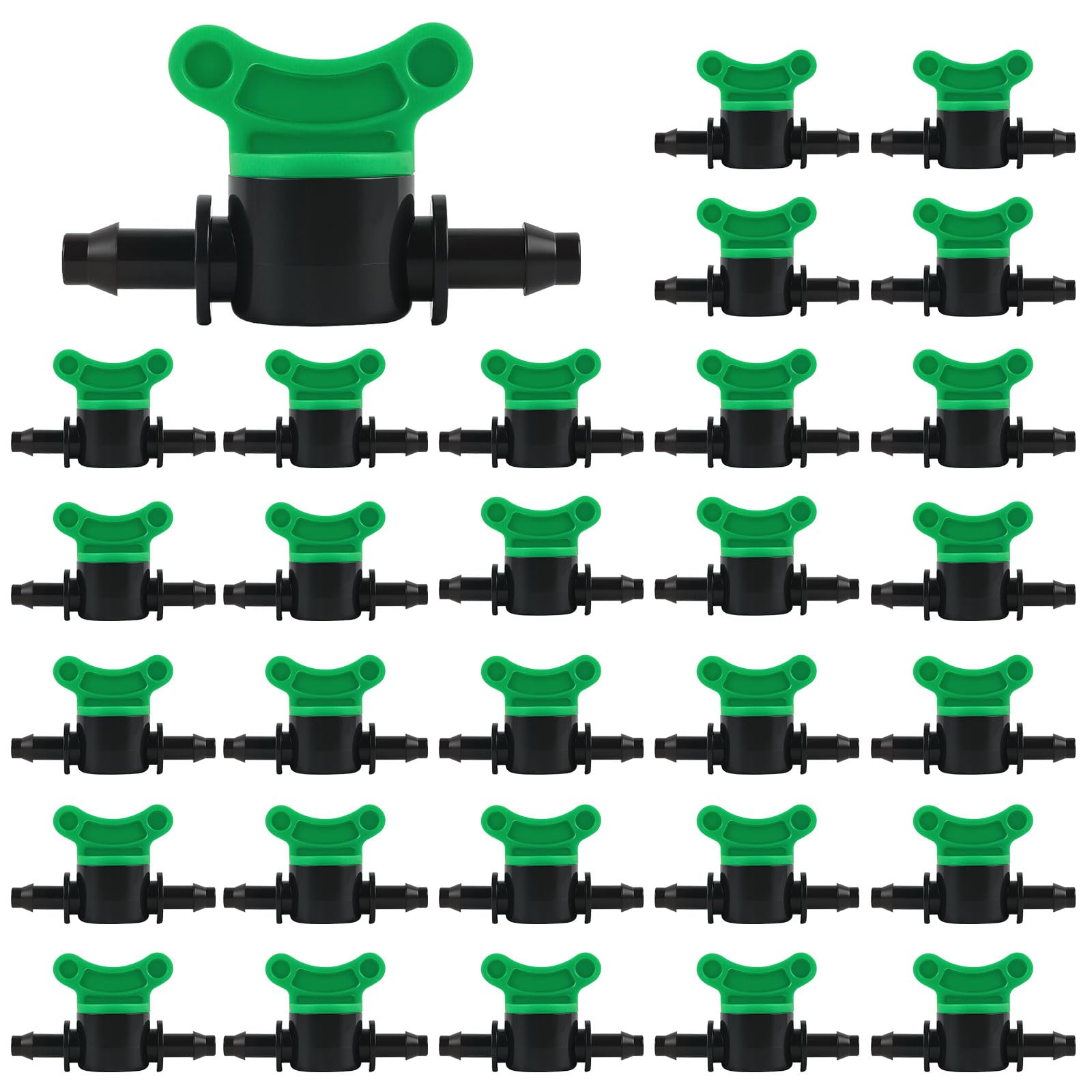 TOROKOM 1/4" Drip Irrigation Valves, 30PCS Drip Line Barbed Valves Fittings Garden Shut Off Switch Valve for 4/7mm Tube Water Flow Control Drip Line Parts Cut Off Valve for Watering System (Green)