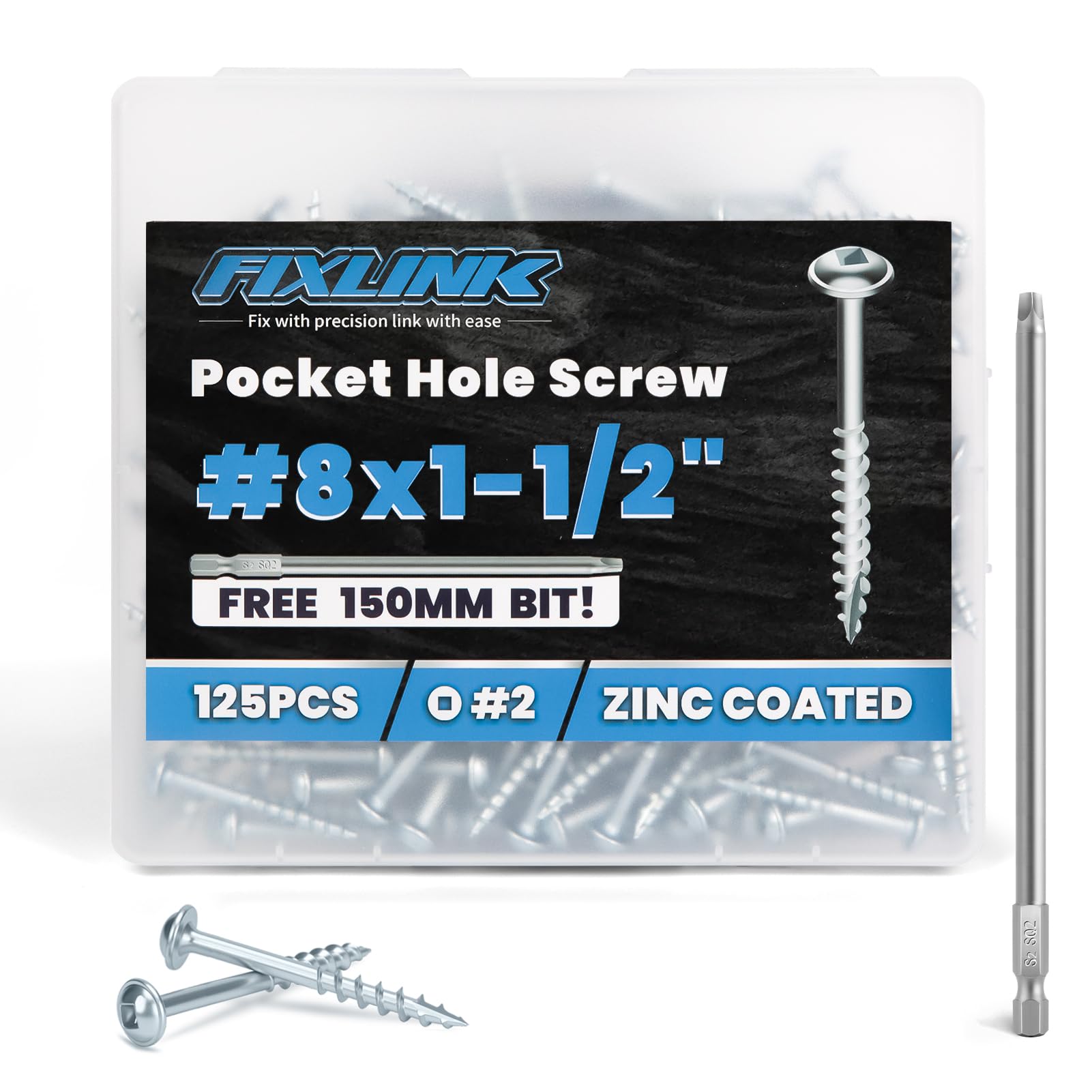 Pocket Hole Screws 1-1/2 Inch, FIXLINK Pocket Screws #8 X 1-1/2", 125 PCS, Zinc Coated Pocket Hole Screw for Indoor Outdoor, Square Drive, 150MM Drive