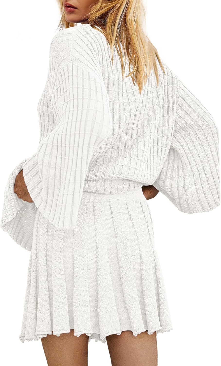 Yanekop Womens 2 Piece Sweater Skirt Set Loose Matching Lounge Sets Comfy Pajamas Set Long Sleeve Top and Skirt Sets - Image 3