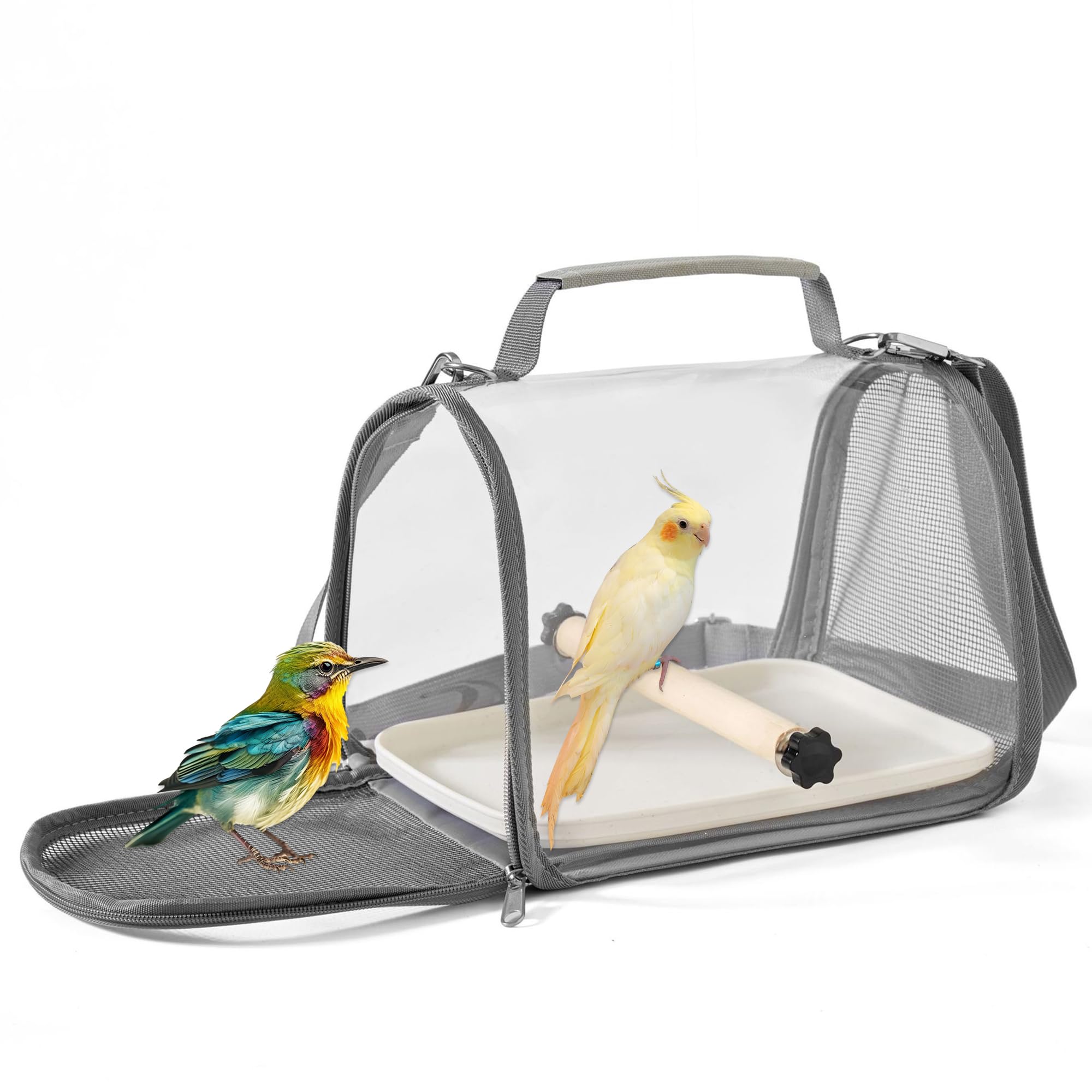 Vogelkäfig, Vogel Transportbox mit Holzstab & Tablett für Wellensittich/Sittiche, Bird Transport Box, 33x23x21cm