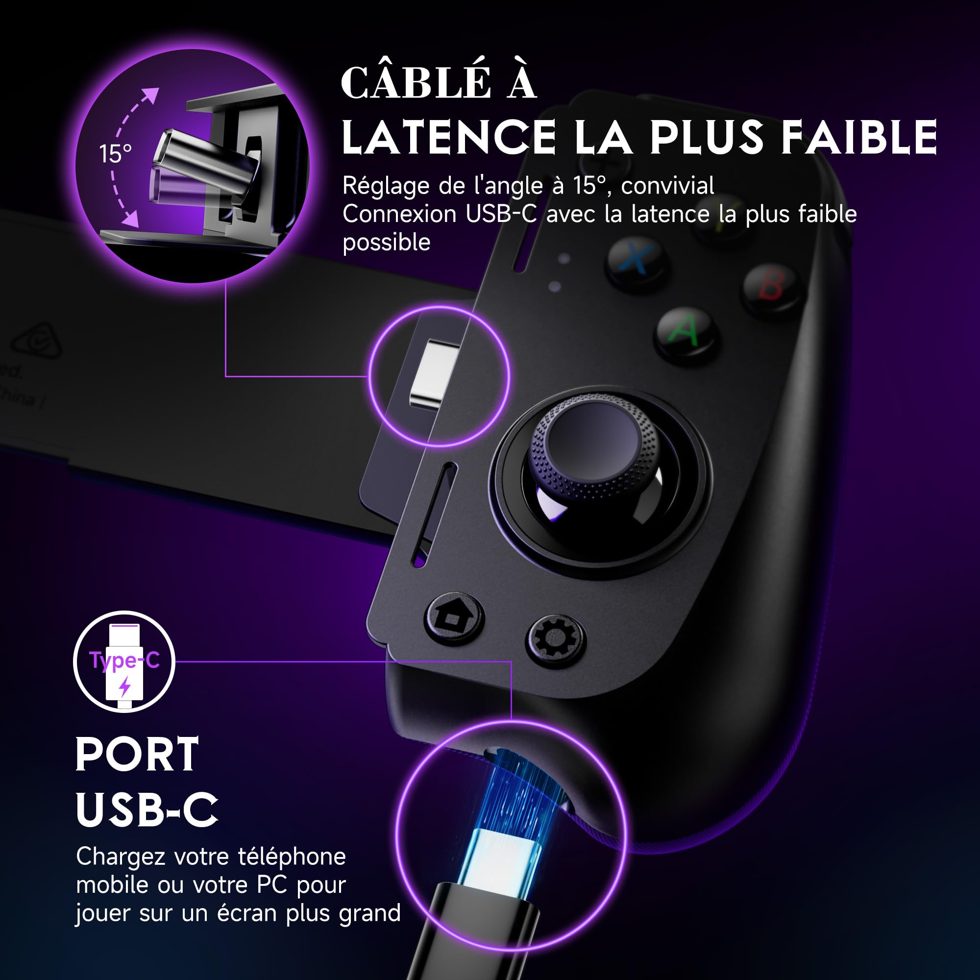 EasySMX M10 Manettes de Jeu pour Téléphone Portable Android & iPhone 15 (USB-C), iPhone 15 Manette Smartphone, Manette Téléphone avec Joysticks/Déclencheur à Effet Hall