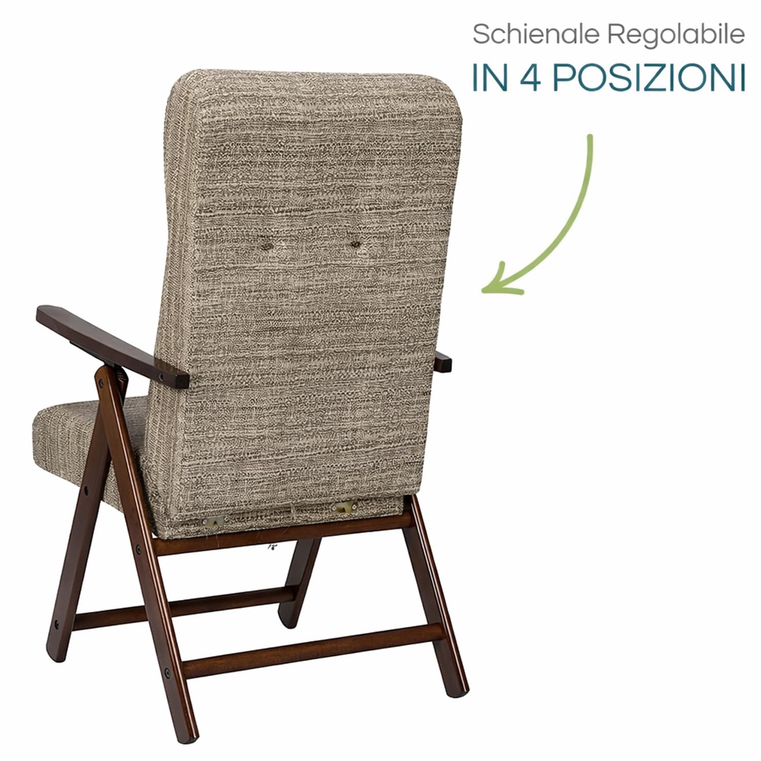 PALUPLUS Poltrona Reclinabile Molisana, Misura 61x67x108 cm, Schienale Regolabile in 4 Posizioni, Struttura e Braccioli in Legno di Faggio, Sedia per casa, Portata 110Kg -106C (Tortora)
