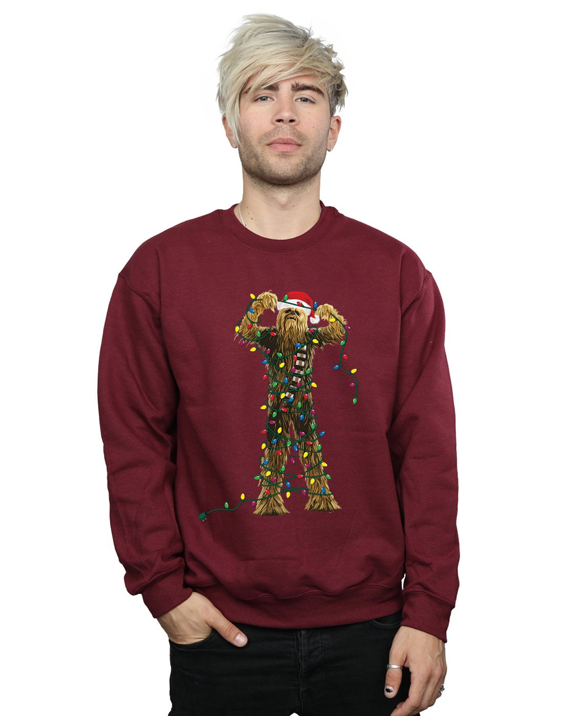 Star Wars Men's Chewbacca Christmas Lights Sweatshirt Large Burgundy