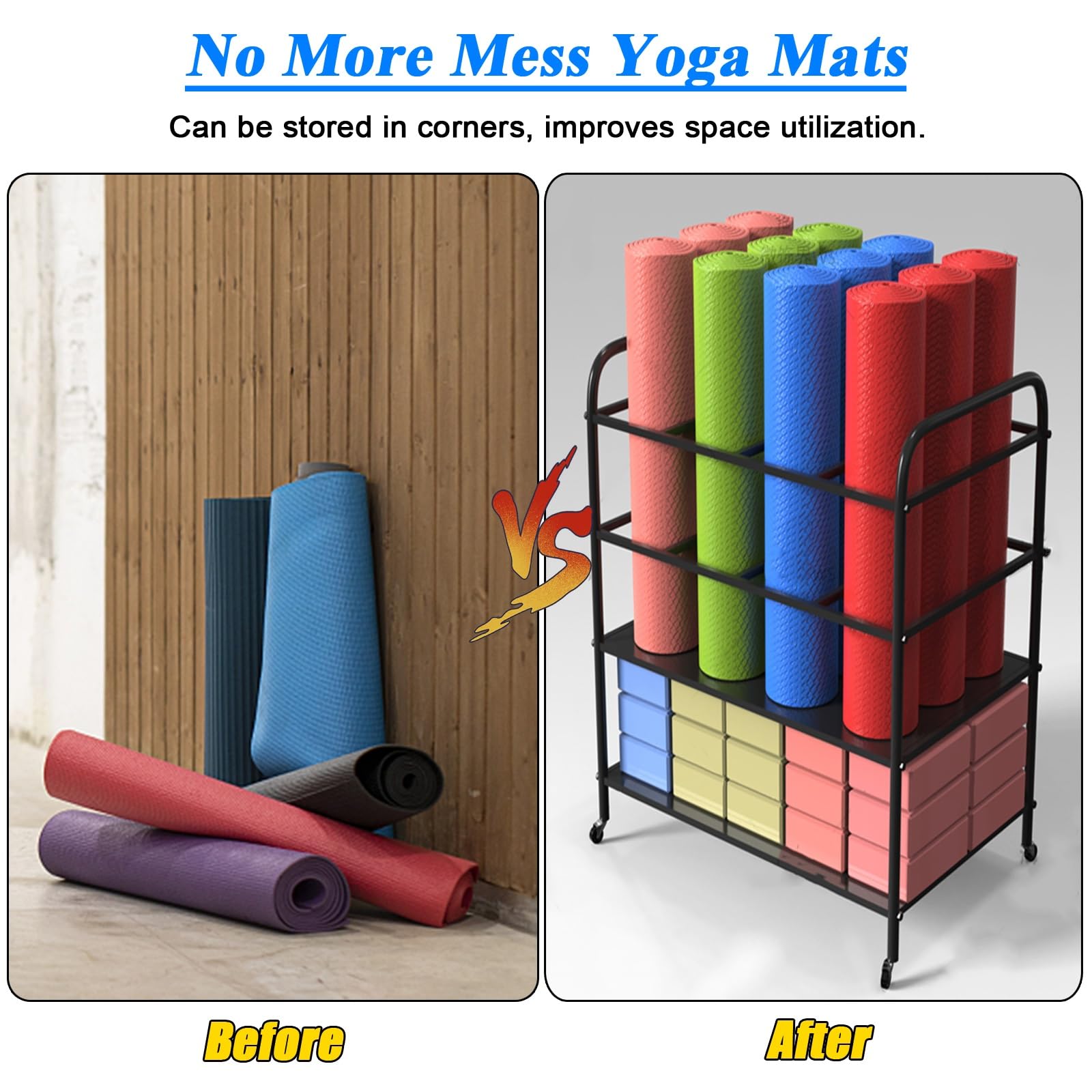 Soporte para Esterilla de Yoga, Carrito móvil con Ruedas para esterillas de Yoga, Organizador de Gimnasio en casa para Rodillos de Espuma y esterillas de Fitness, Estante de Gran Capacidad p