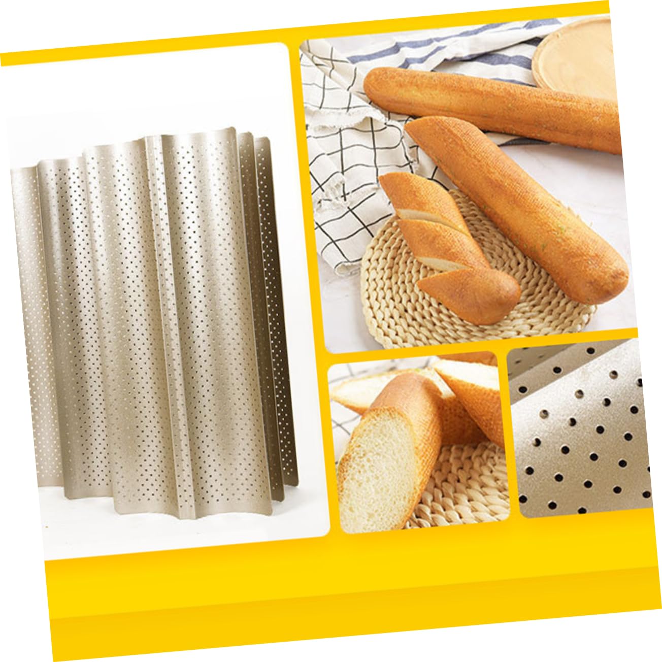 Molde para Baguette de Acero al Carbono, Bandeja Dorada con Orificios de Ventilación, Antiadherente y Reutilizable para Hornear Pan en Casa