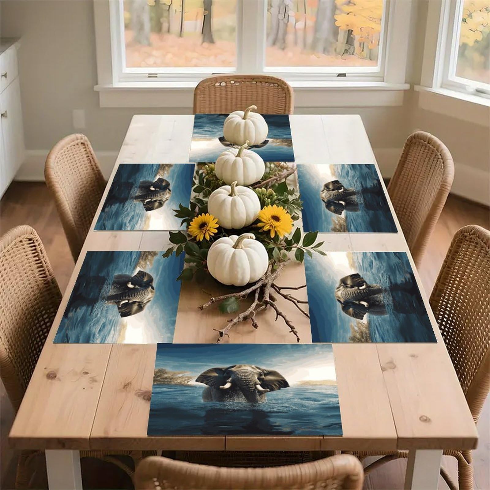 Swimming African Elephant Placemats Wipeable Heat Resistant Table Mats Washable Flax Place Mats Elegant Cloth Non-Slip Placemat for Kitchen Dinning Party Table Decor 12 * 18 in