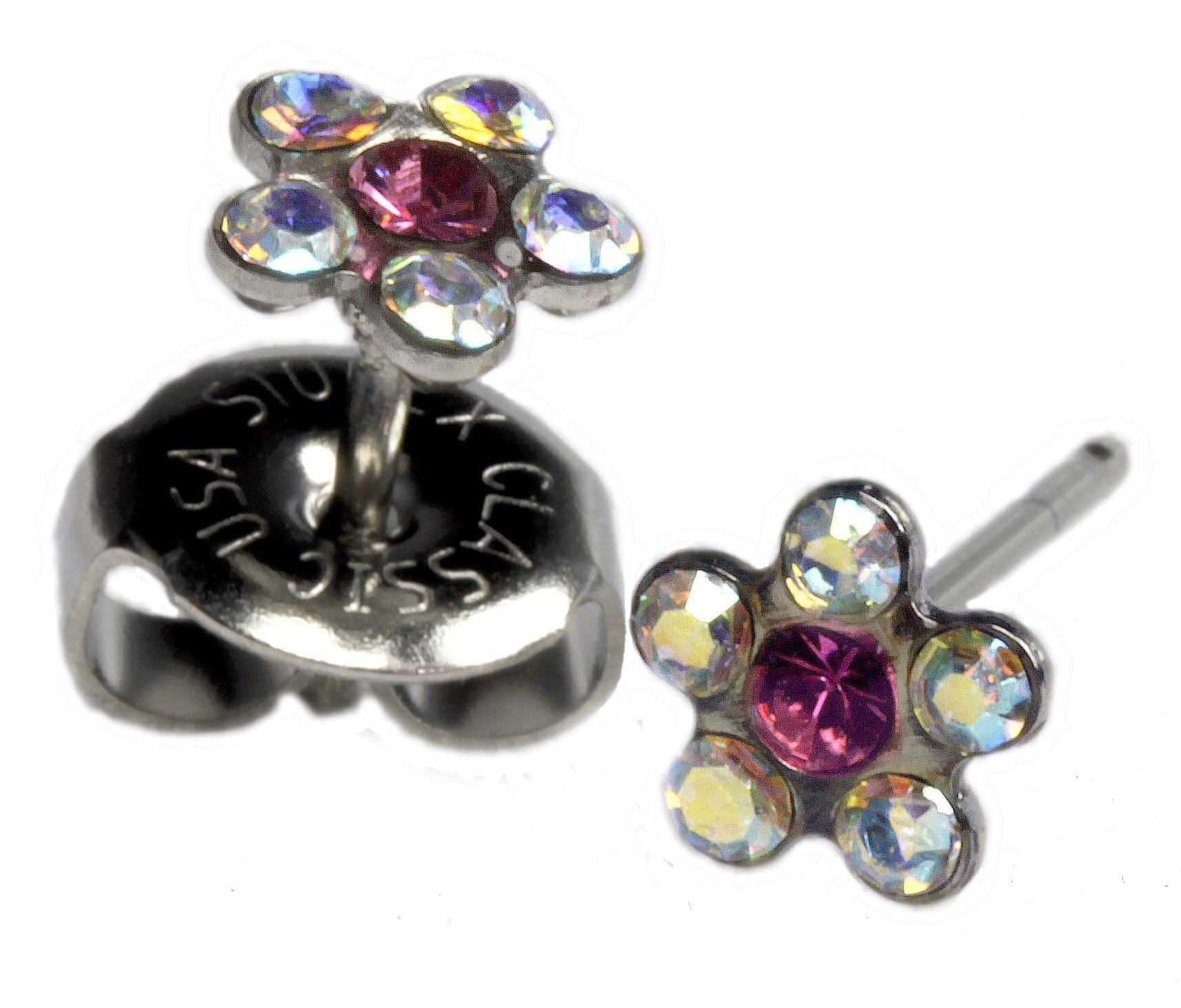 StudexEar Piercing Earrings Rainbow Crystal Daisy Flower Silver Studs Studex System 75 Hypoallergenic