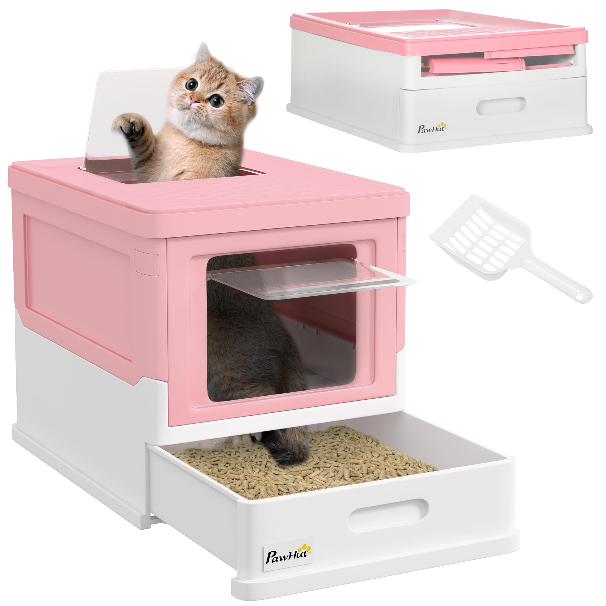 PawHut Lettiera per Gatti Chiusa in PP con Paletta Inclusa, Design Pieghevole, Cassetta Igienica per Gatto con Vassoio Estraibile e 2 Porte, 47.5x35.5x36.7 cm, Rosa e Bianco