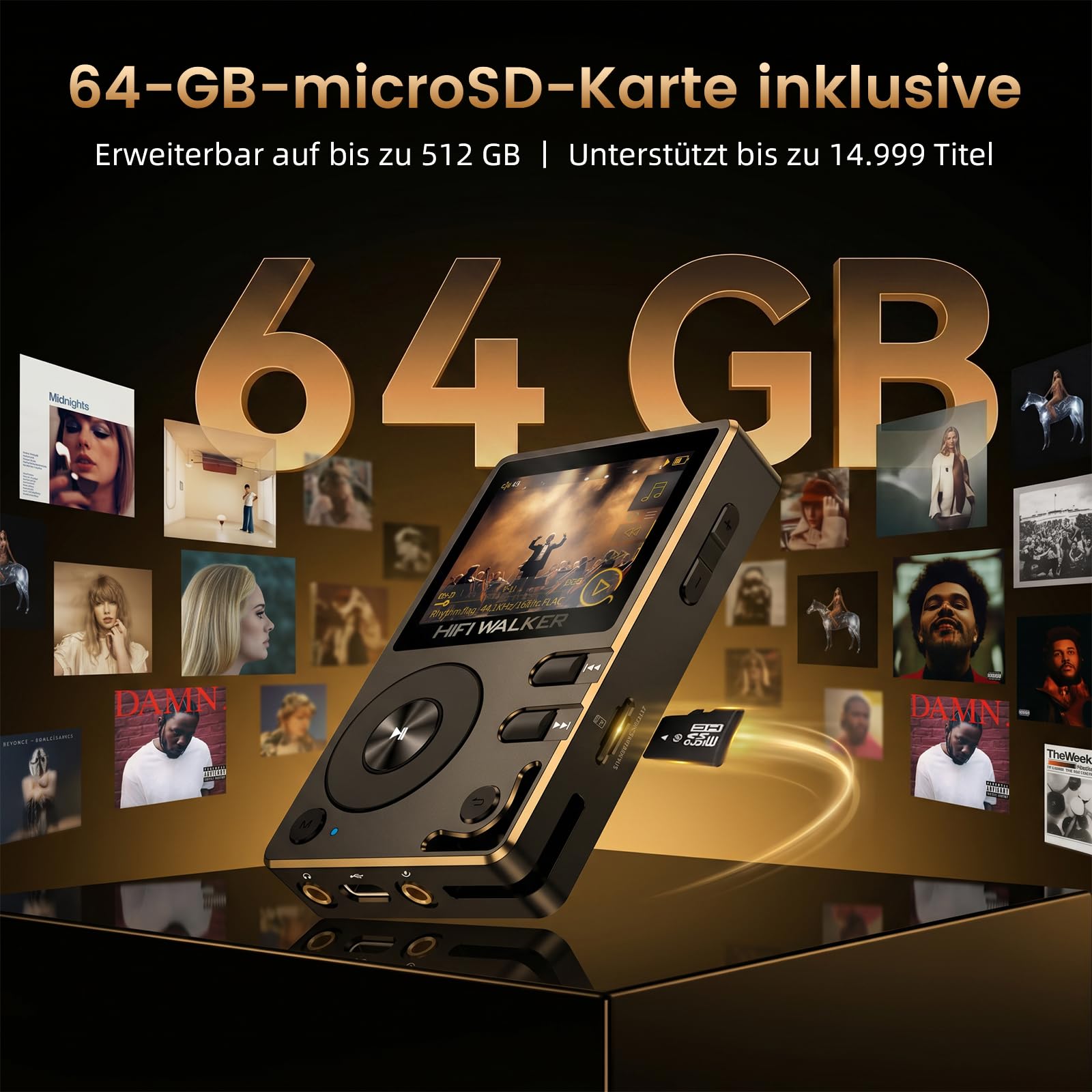 HiFi Walker H2 HiFi MP3 Player mit Bluetooth Verlustfreier DSD DAC Flac High Resolution Music Player Tragbarer Audio Player mit 64GB Speicherkarte Unterstützt bis zu 256GB
