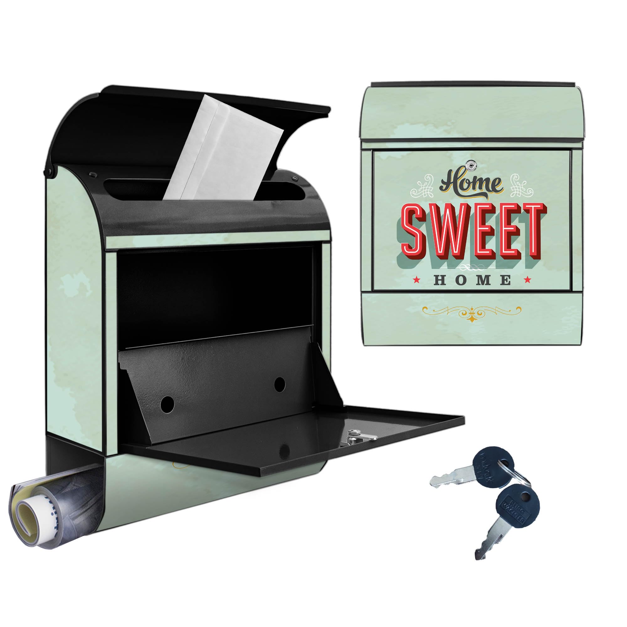 banjado Design Briefkasten 38,5x46,5x13cm & 2 Schlüssel - Briefkasten Stahl Schwarz mit Zeitungsfach pulverbeschichtet - Postkasten A4 Einwurf inkl. Montagematerial - Motiv Home Sweet Home