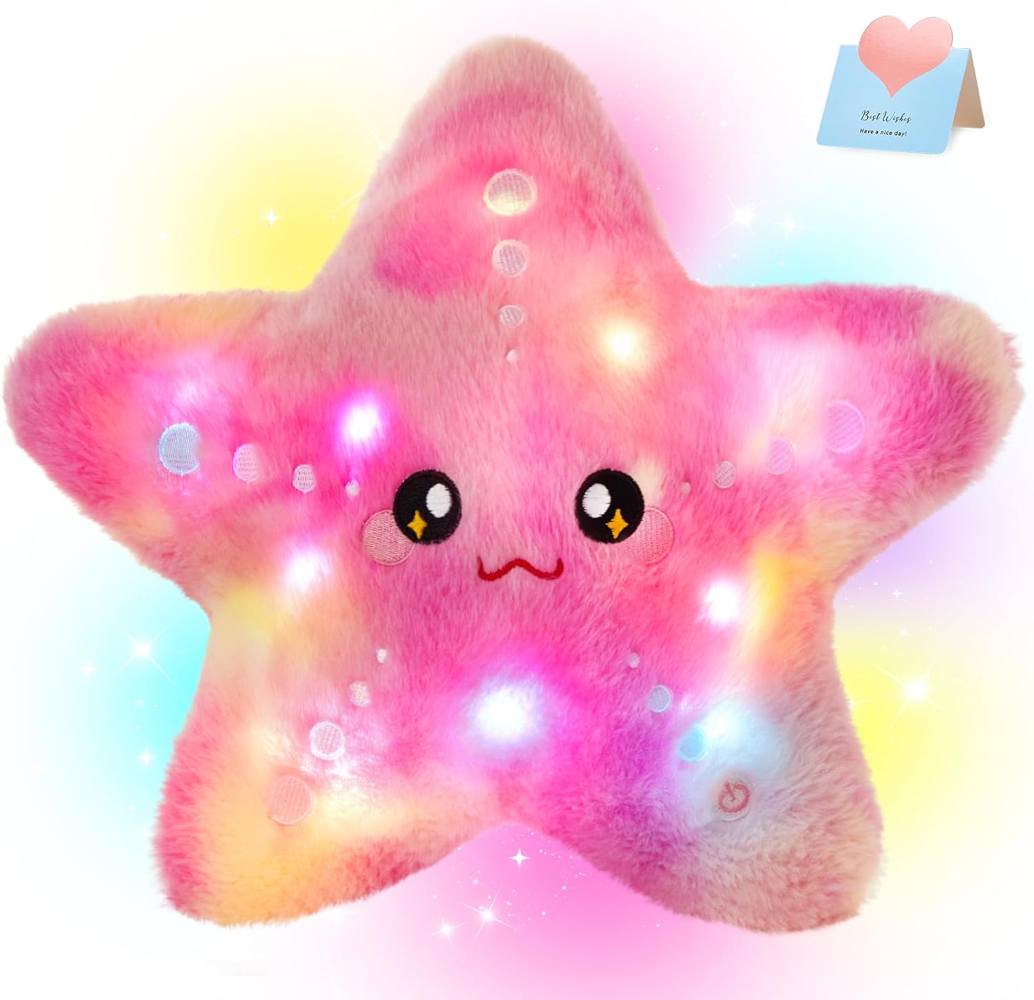 Houwsbaby 12" Light Up Starfish Plush Pillow,Tie-Dyed Sea Star Stuffed Animal,Ideal Festivals Birthdays Children's Day for Kids Girls Boys