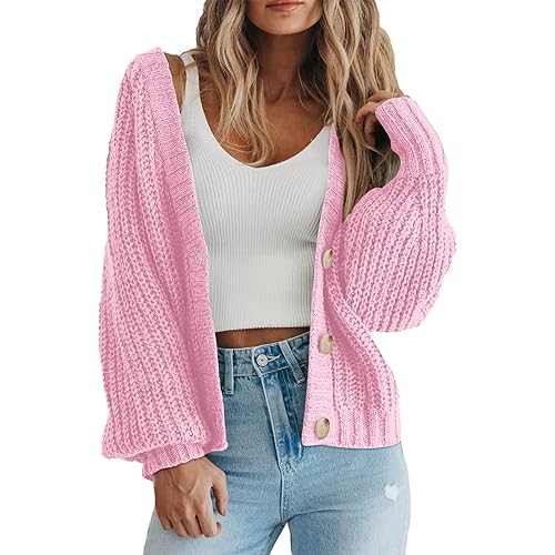 PRETTYGARDEN Women's Chunky Knit Open Front Sweater Long Sleeve Button Loose Short Cardigan Outerwear Coats