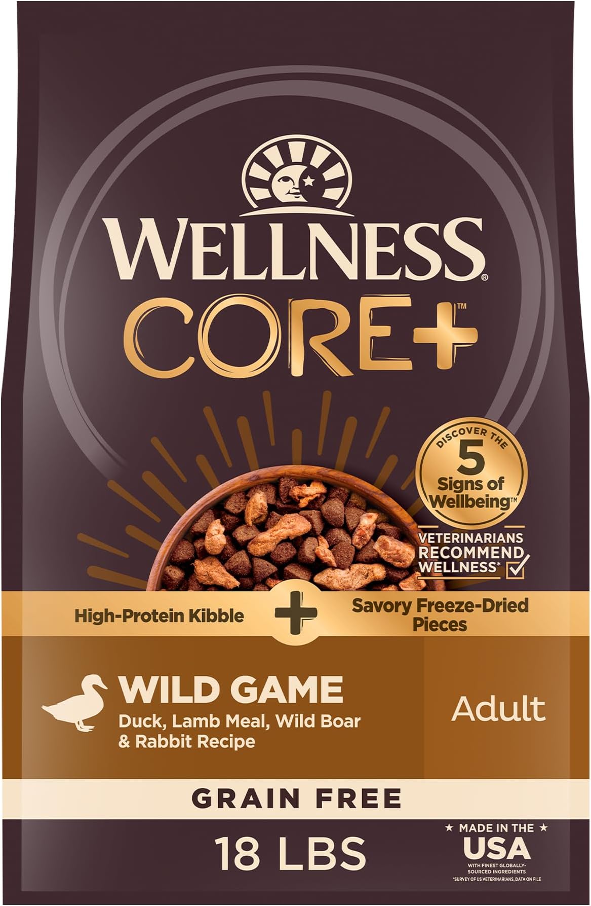 - CORE+ Adult Dry Dog Food with Freeze Dried Pieces, Grain Free Kibble+, Natural, High Protein, Wild Game Duck, Lamb, Boar, and Rabbit Recipe, 18 lb Bag