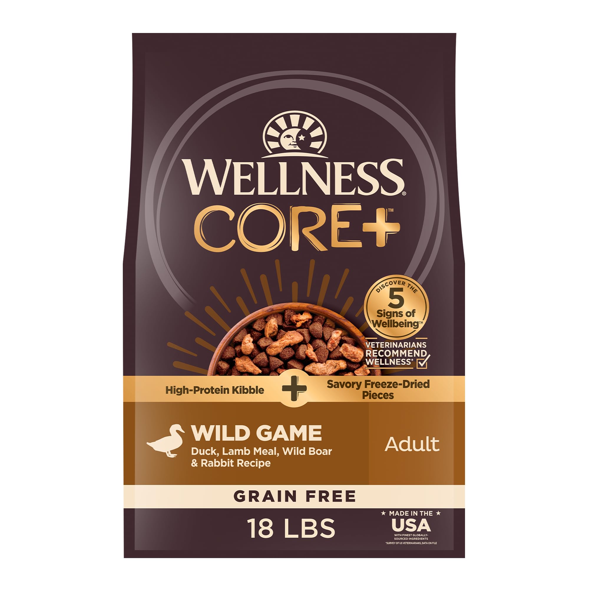 Wellness CORE Rawrev Natural Grain Free Dry Dog Food, Wild Game Duck, Wild Boar & Rabbit With Freeze Dried Lamb, 18-Pound Bag