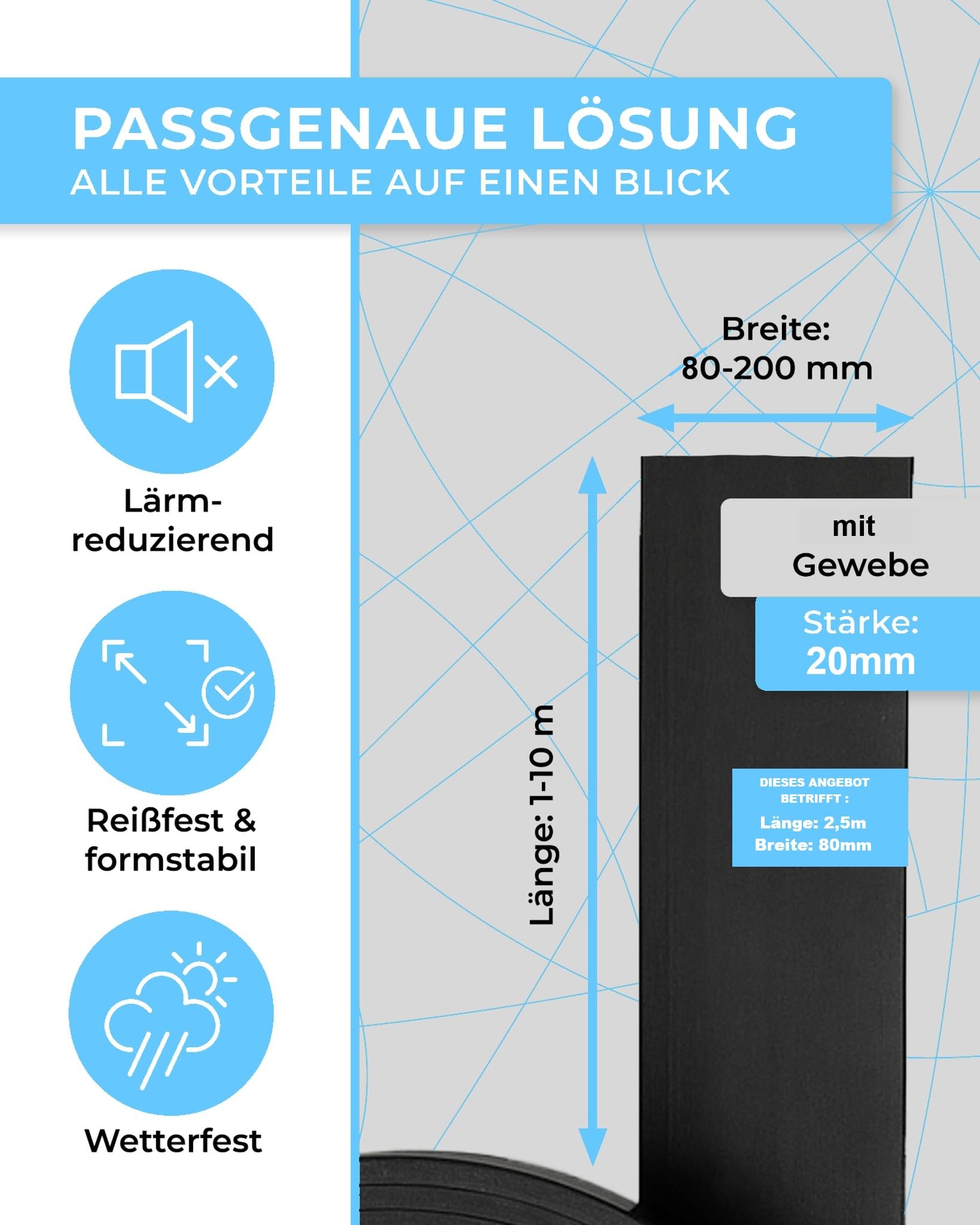 Gummistreifen 2500mm lang 80mm breit 20mm dick mit Gewebeeinlage Vollgummi Hartgummi (2500x80x20mm)