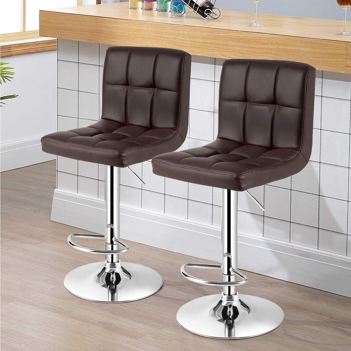 COSTWAY Adjustable Bar Stools Set of 2, Modern Swivel PU Leather Bar Chair with Backrest, Soft Cushioned Seat, Footrest, Sturdy Metal Frame, Comfortable Barstools for Kitchen Island, Pub, Brown