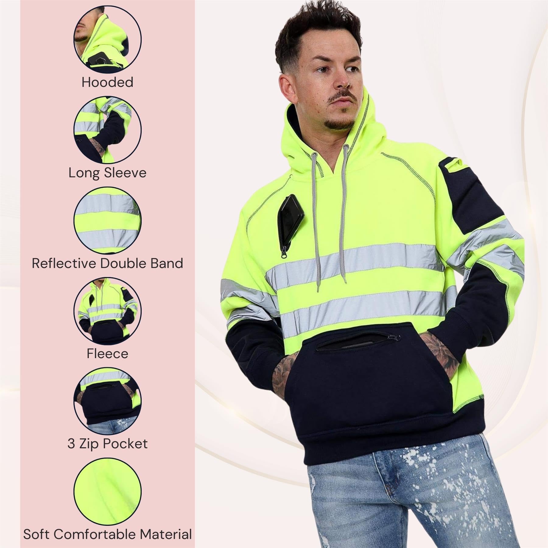 Homme Veste Haute Visibilité, Sweat Homme Capuche Zippé, Patch de Contraste Pull Over Sweat Polaire Homme Veste de Travail Homme Chantier