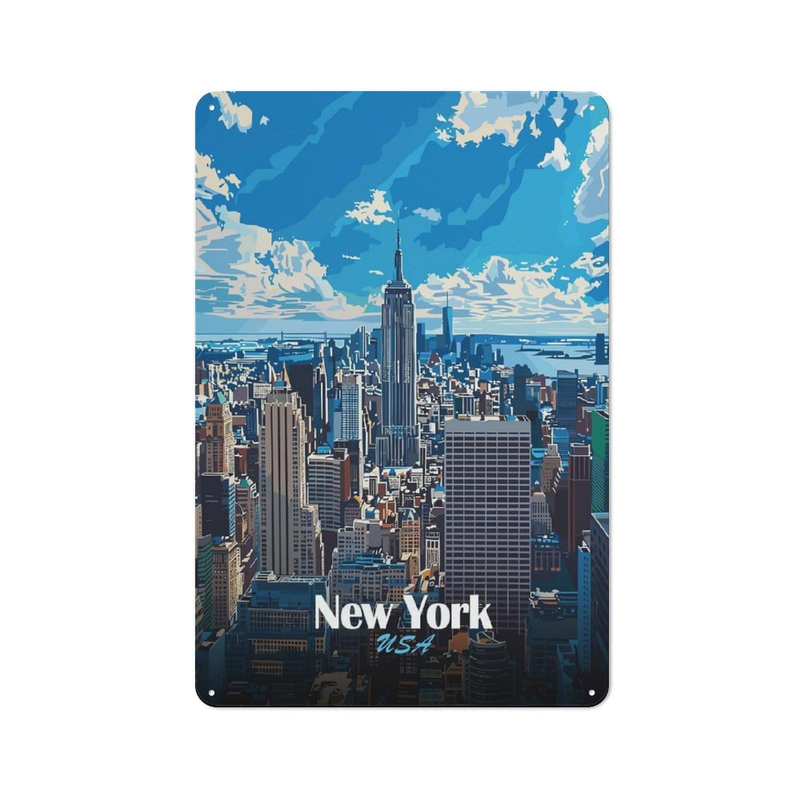 Junmoney Style New York City Skyline Illustration Vintage Metal Wall Decor 30X20cm, Garden Room Metal Sign For Patio Bar, Workshop, Shed Or Kitchen