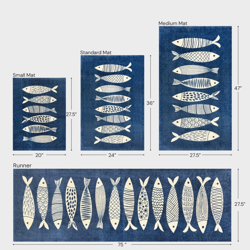 Wash+Dry Fish Tango One-Piece Washable Rug with Rubber Backing, Small Door Mat for Entryway, Kitchen, Bathroom, Non-Slip Indoor Doormat, White and Dark Navy Fish Design, 20" x 27.5"