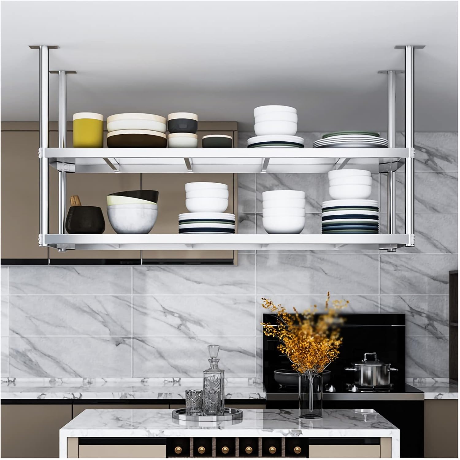 Industrial Ceiling Mount Floating Shelf - Rustic Garage Storage Rack, Wall-Mounted Display Stand for Kitchen, Bar & Restaurant Organization