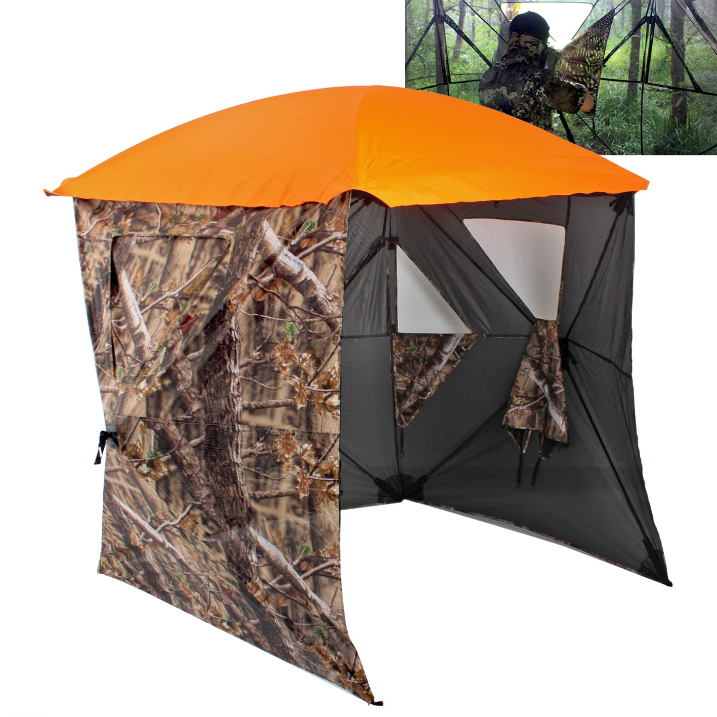 Photo 1 of AUSCAMOTEK 3W See Through Pop Up Ground Blind Hub Style 3-Panels Blinds with Removable Orange Blaze Top for Deer Tuckey Duck Hunting Brown Leave