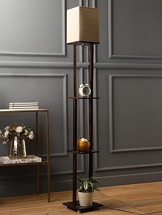 SANDED EDGE - SMARTLY PRICED Mario 3 Tier Shelf Storage Solid Wood Floor Lamp with Beige Color Shade for Home, Living Room, Office D?cor, Gift- Pack of 1