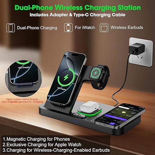 Miniatura 3 de Estación de carga inalámbrica de teléfono doble para dispositivos Apple, estación de carga magnética para iPhone con interruptor automático de luz