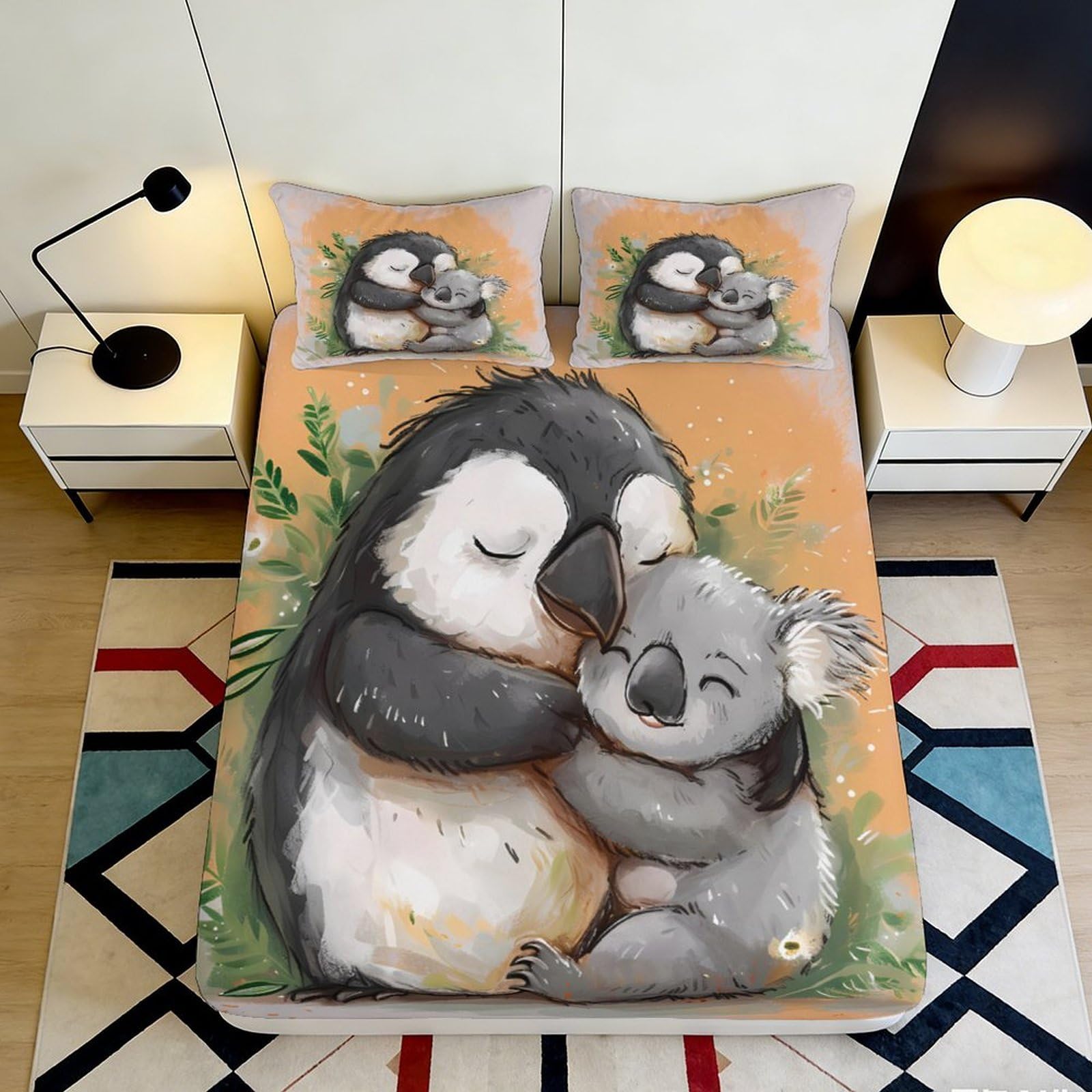 3D Printed Penguin Koala Fitted Sheet Microfiber Soft Cartoon Animal Mattress Cover for Bedroom Dorm Home Decor 90x200x25cm
