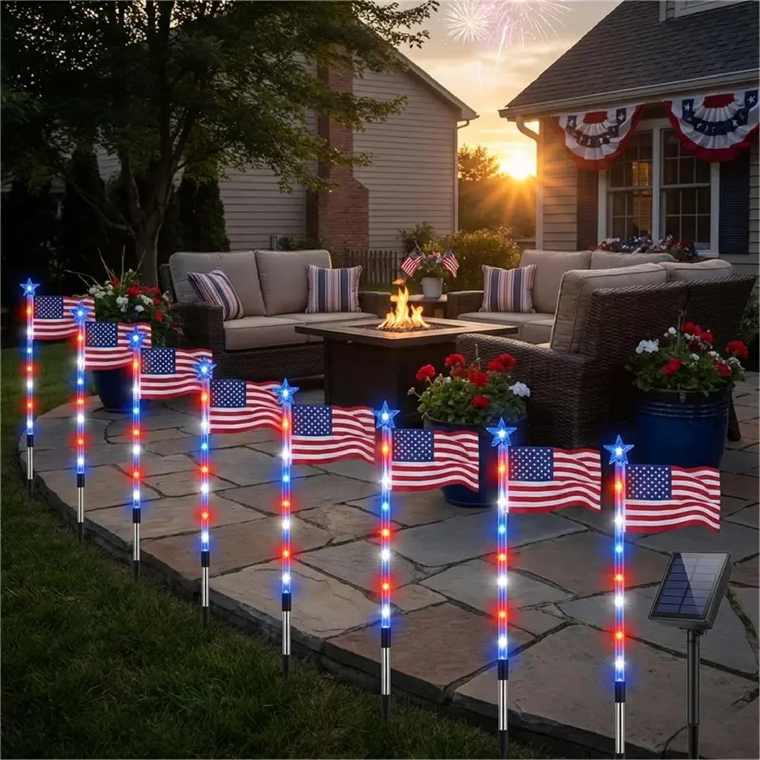 American Flag Pathway Solar Lights, 8 Piece Flag Light Set with 8 Lighting Modes - Solar American Flags for Outside, 4th of July Solar Flag Lights for Yard & Garden Decor (8 Piece Set)