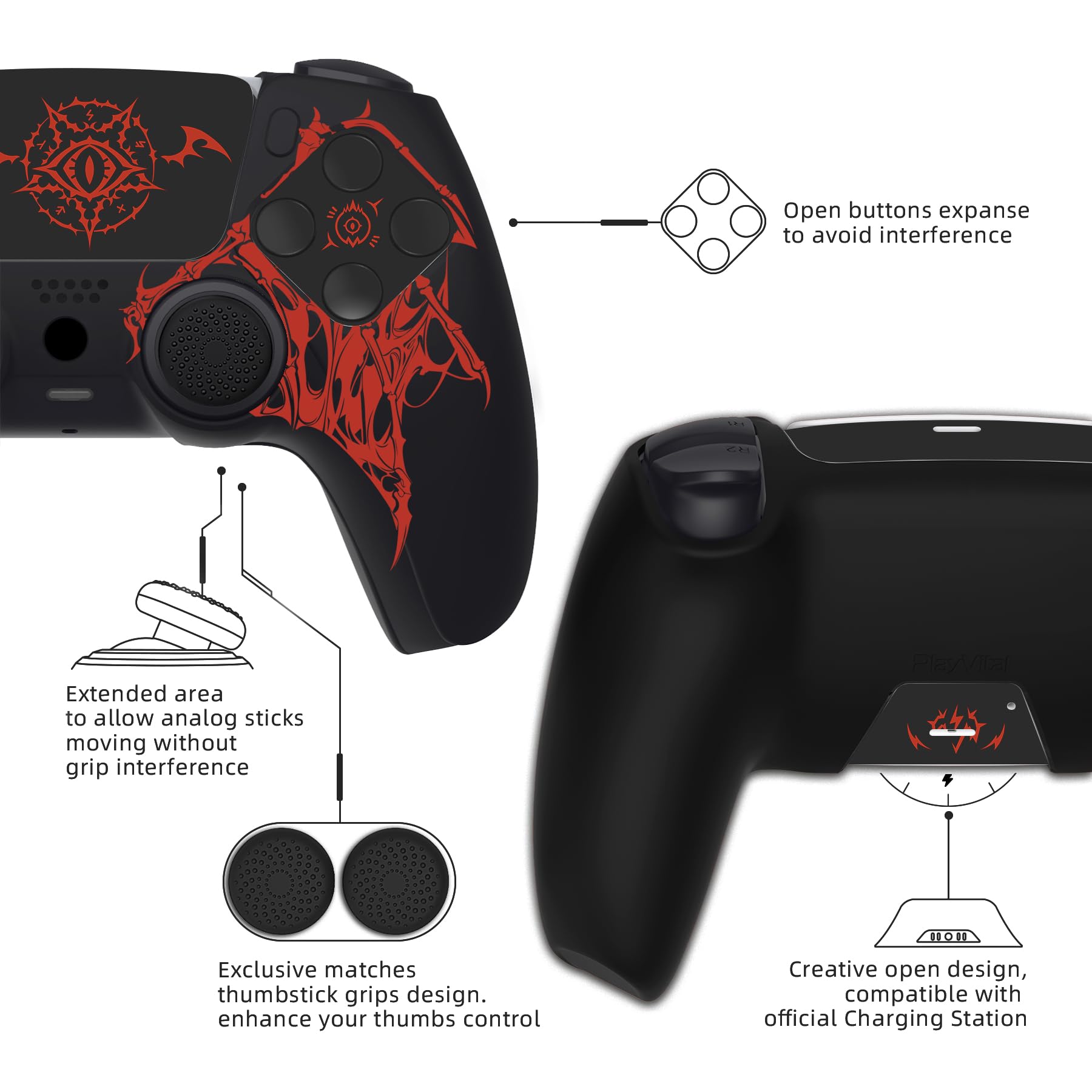 PlayVital Cover Skin per ps5 Controller-Adatto per Base di Ricarica, Custodia Joystick Grip Silicone Case Antiscivolo & 6 Copri Analogici & Adesivi, Accessori per ps5, Sigillo delle Ali Rosso