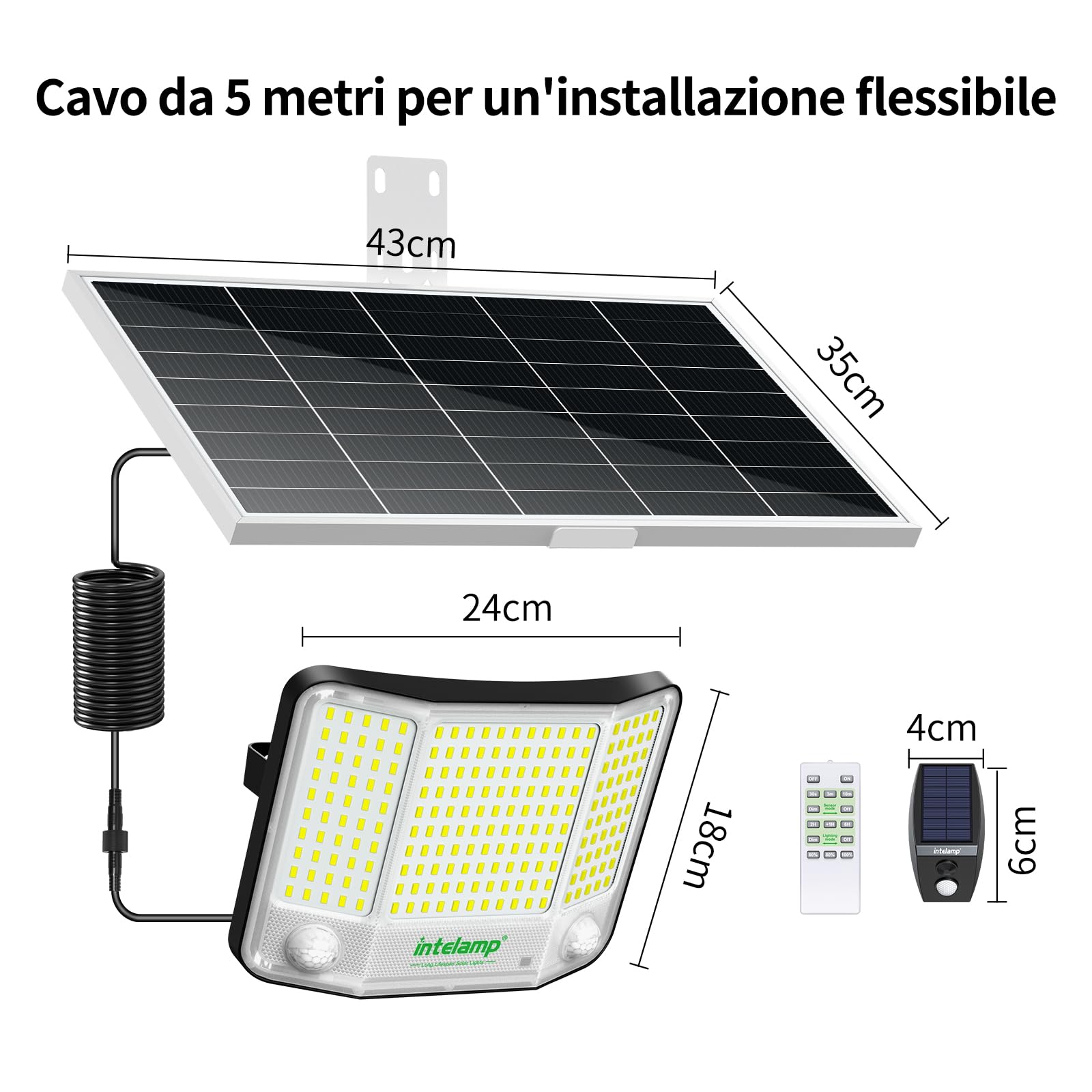 intelamp Faro led esterno con pannello solare,20000mAH Batteria,4000LM/6500K, Lampione Solare con Telecomando 2-12H Timer, IP65 Impermeabile Faretto LED con Sensore di Movimento per Esterno e Giardino