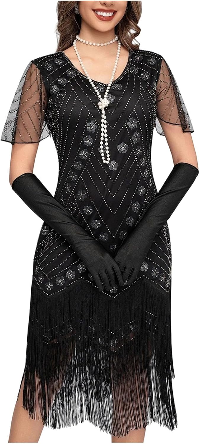 HGps8w Women's Luxury Studded 1920s Sequins Flapper Dress Floral Lace Vintage Fringed Evening Party Cocktail Dresses
