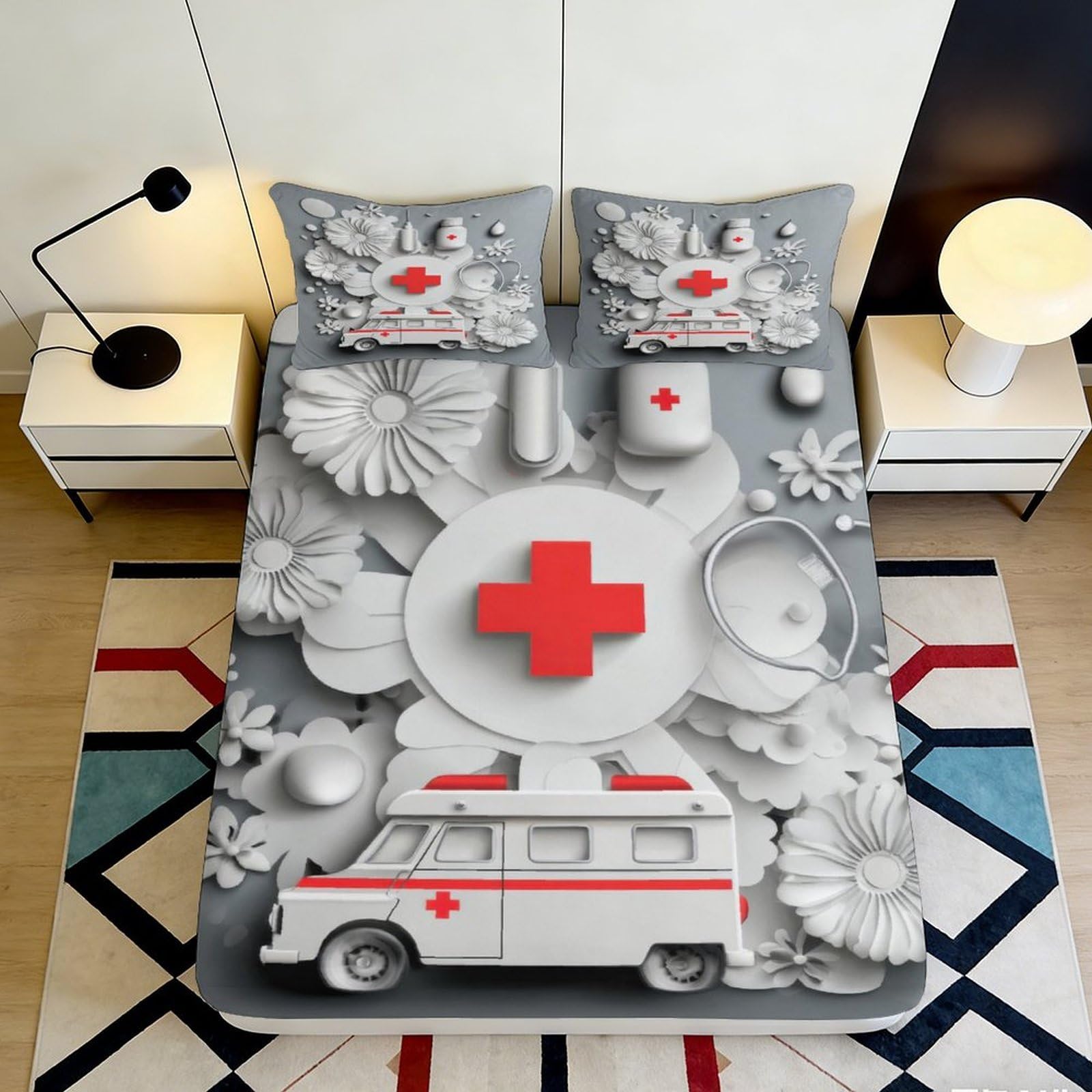 3D Printed Medical Ambulance Fitted Sheet Microfiber Grey Red Hospital Icon Bed Cover for Bedroom Guest Room Decor 90x200x25cm