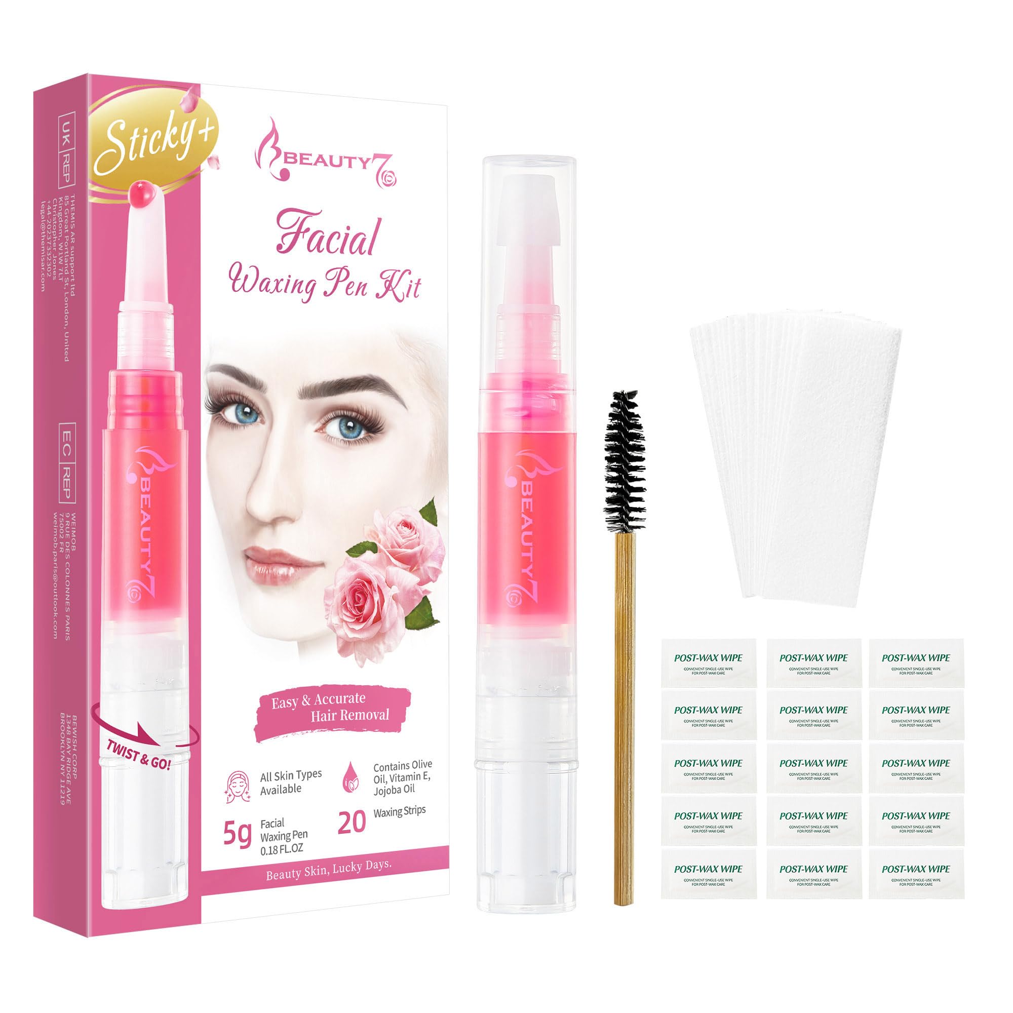 Beauty7 Stylo à Cire Précision Wand Formule Naturelle Végétalienne Epilateur pour Visage 5g Crayon à Cire 20 Bandes de Coton Réutilisables 15pcs Lingettes Après Epilation