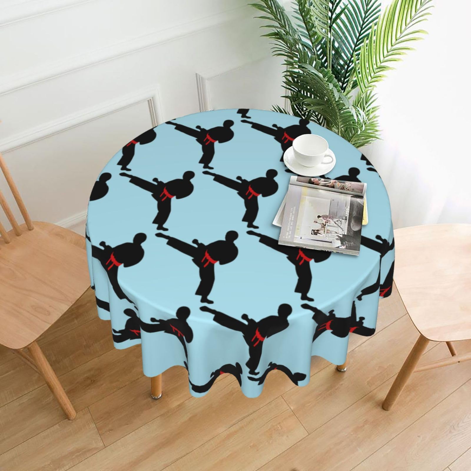OKFSTY Karate Boy Vector Changeable Belt Color Print Round Tablecloth 60in for Wedding Elegant Polyester Cover for Party Reception Festive Dinner
