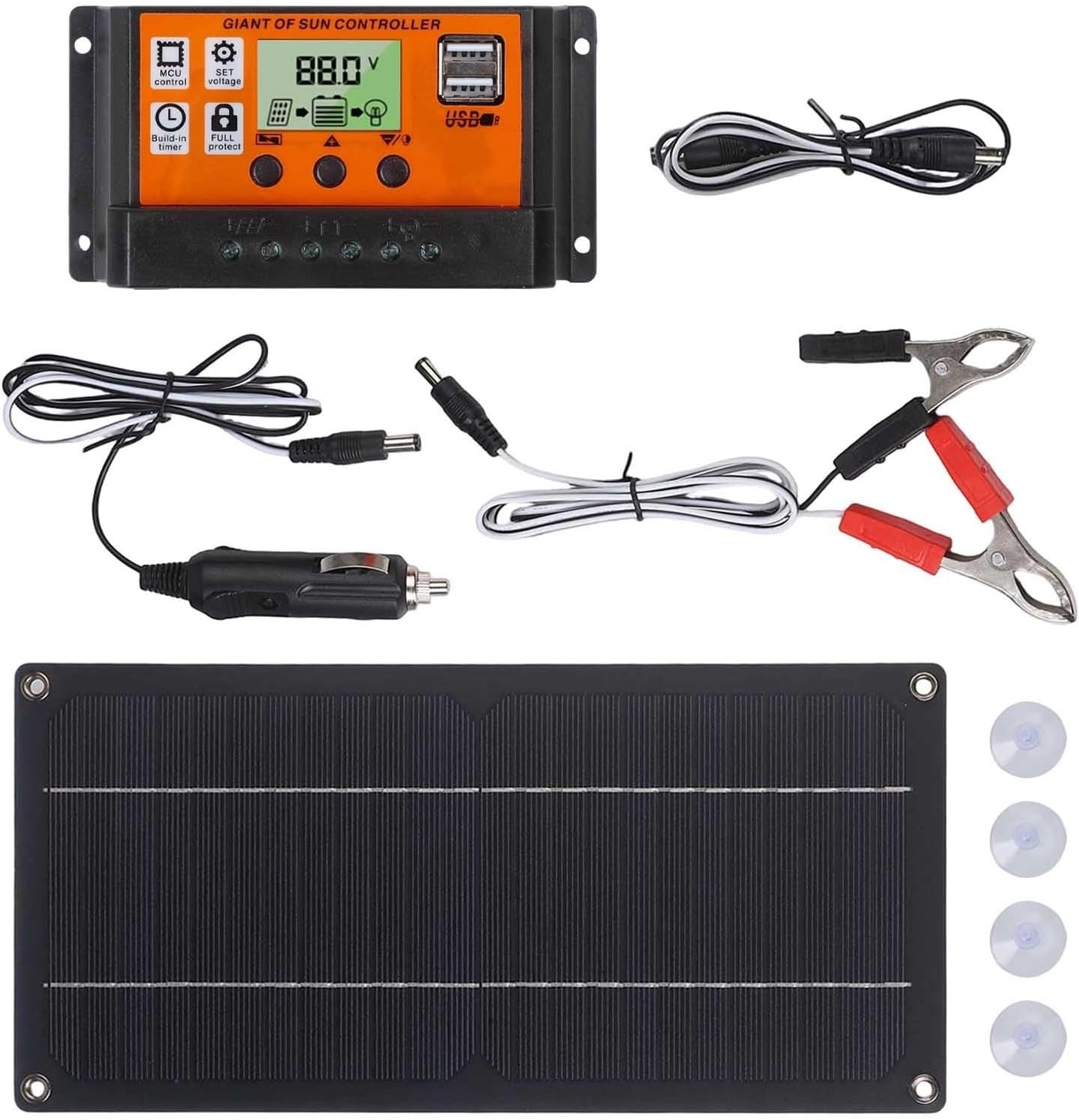 600W 18V Monocrystalline Solar Panel Kit with 100A Charge Controller for RV Camping Off-Grid Power Supply, Includes Car Charging Cable, Connecting Wires, Output Clips and Suction Cups