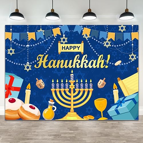 Pancarta azul de decoración de Hanukkah de 7 x 5 pies, Janucá 9 lámparas doradas, velas, menorá, fotografía judía, fondo, fiesta, festival,