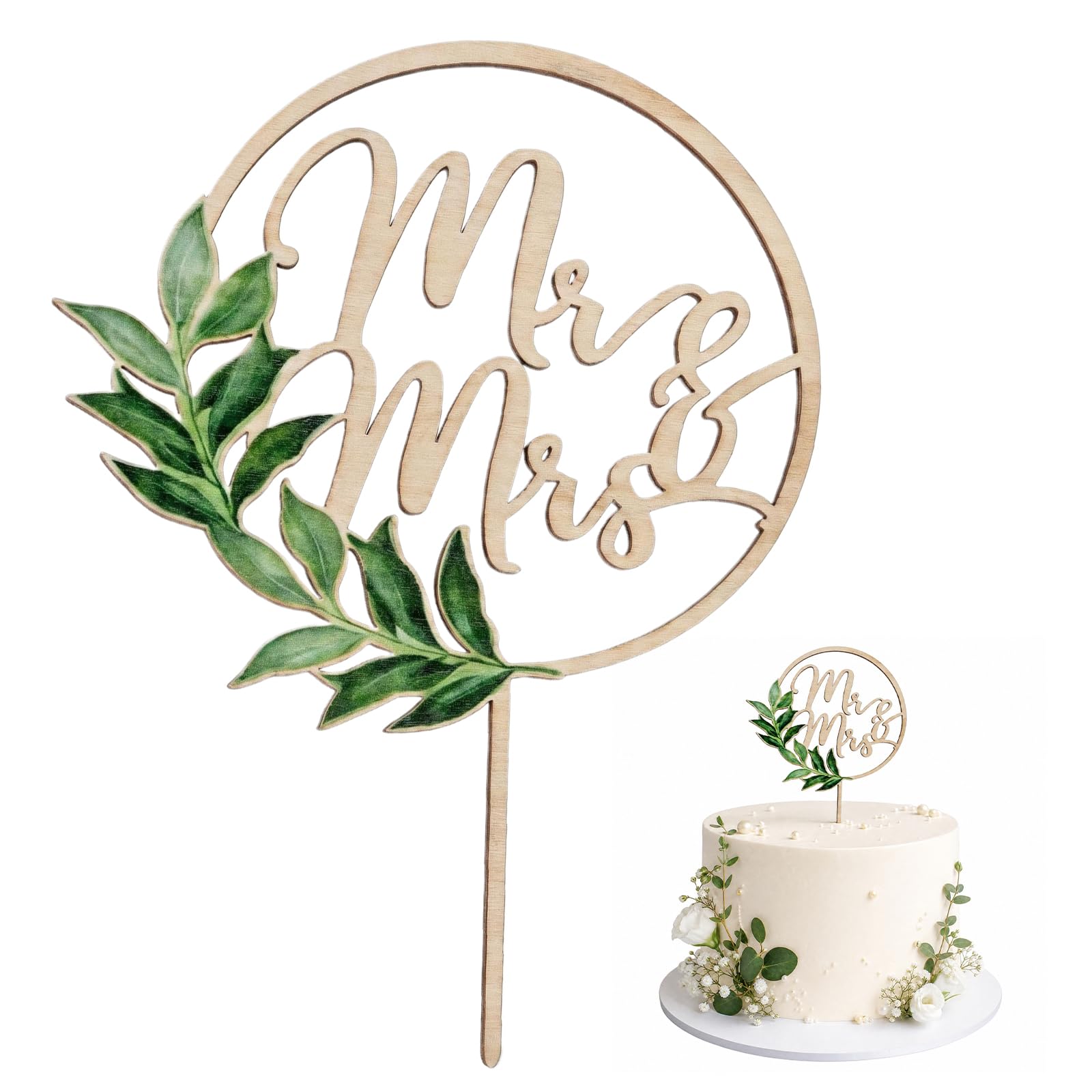 Mr and Mrs Cake Topper Greeny Wooden Wedding Cake Decorations, Personalized Topper for Cakes, Anniversary, Valentine's Day