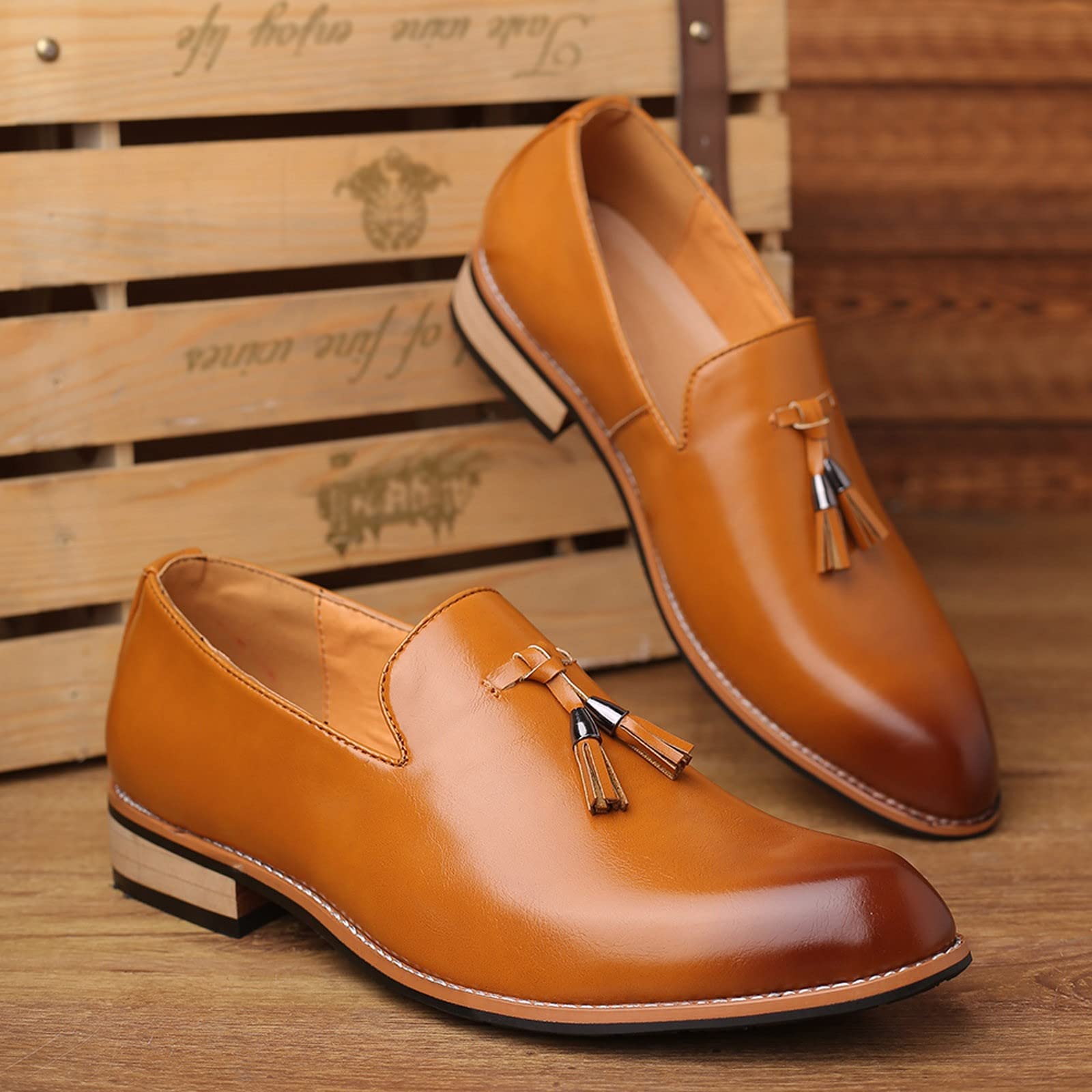 Mocasines clásicos con borlas para hombre, zapatos de vestir elegantes de piel sintética para negocios, bodas, fiestas, Amarillo, 39 1/3 EU