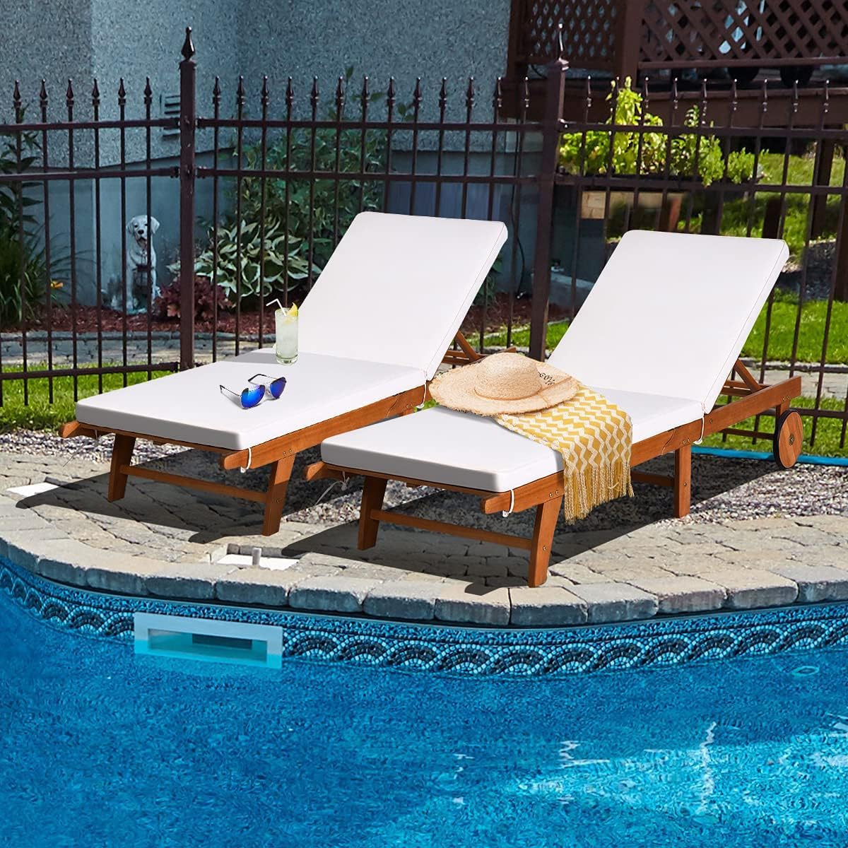 RELAX4LIFE Tumbona Plegable de Madera Eucalipto con 2 Ruedas y Respaldo Ajustable en 6 Alturas, Tumbona Jardín con Cojín Extraíble para Balcón y Terraza, Carga 160kg, 195x68x30-90cm, Beige (2 Piezas)