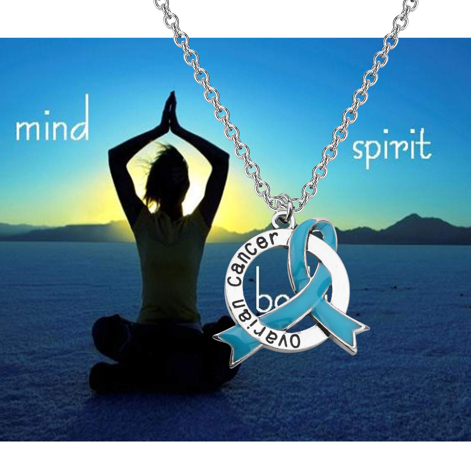 CRYSTAL TEAL RIBBON BOW OVARIAN CANCER AWARENESS PENDANT CHARM NECKLACE