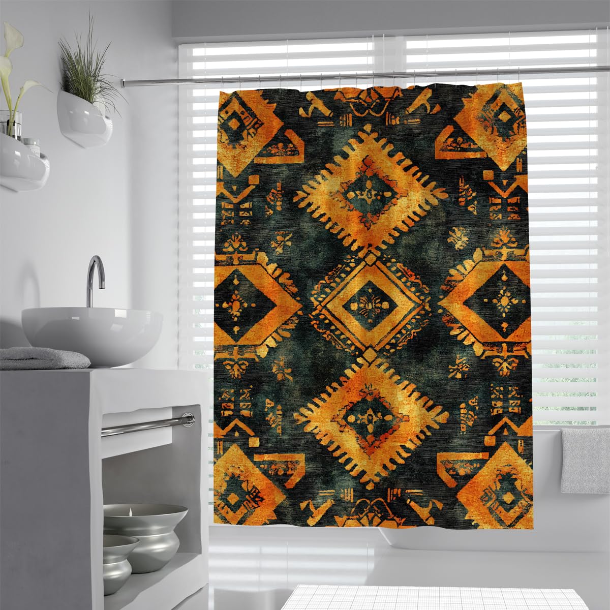 UERWOWELL Boho Tribal Shower Curtain Aztec Geometric Print Fabric Bath Curtains Abstract Ethnic Style Bathroom Accessories Machine Washable W180xL180 cm