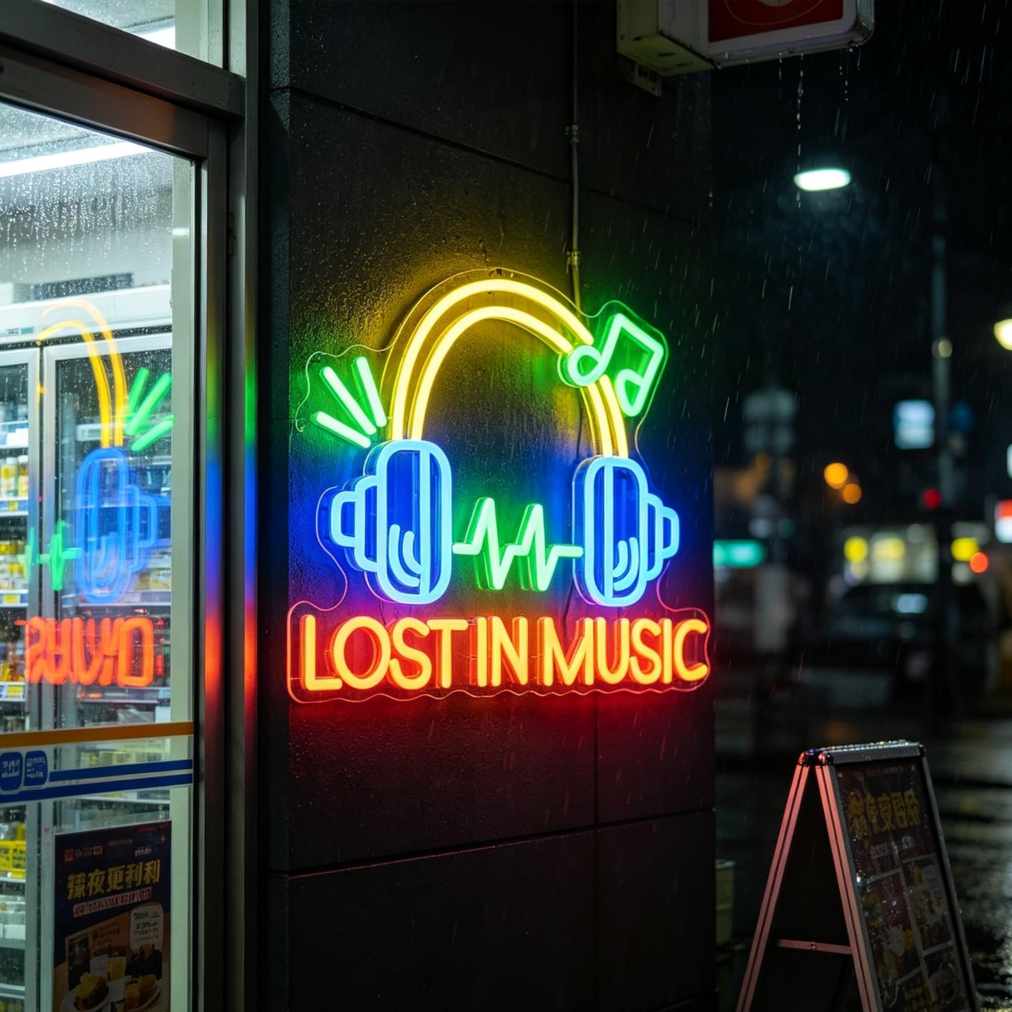 Luce al neon a LED con motivo "Lost in Music" con cuffie e onde sonore, opzione testo personalizzato per camera da letto, configurazione di gioco o cabina DJ, presa USB con controllo in linea