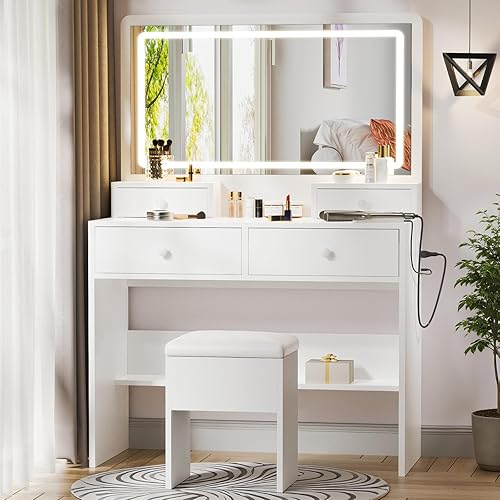 Haewon White Vanity Desk with Mirror and Power Outlet, Makeup Vanity with Adjustable Brightness and 3 Lighting Modes, Dressing Table Set with 4 Drawers, Storage Chair for Bedroom