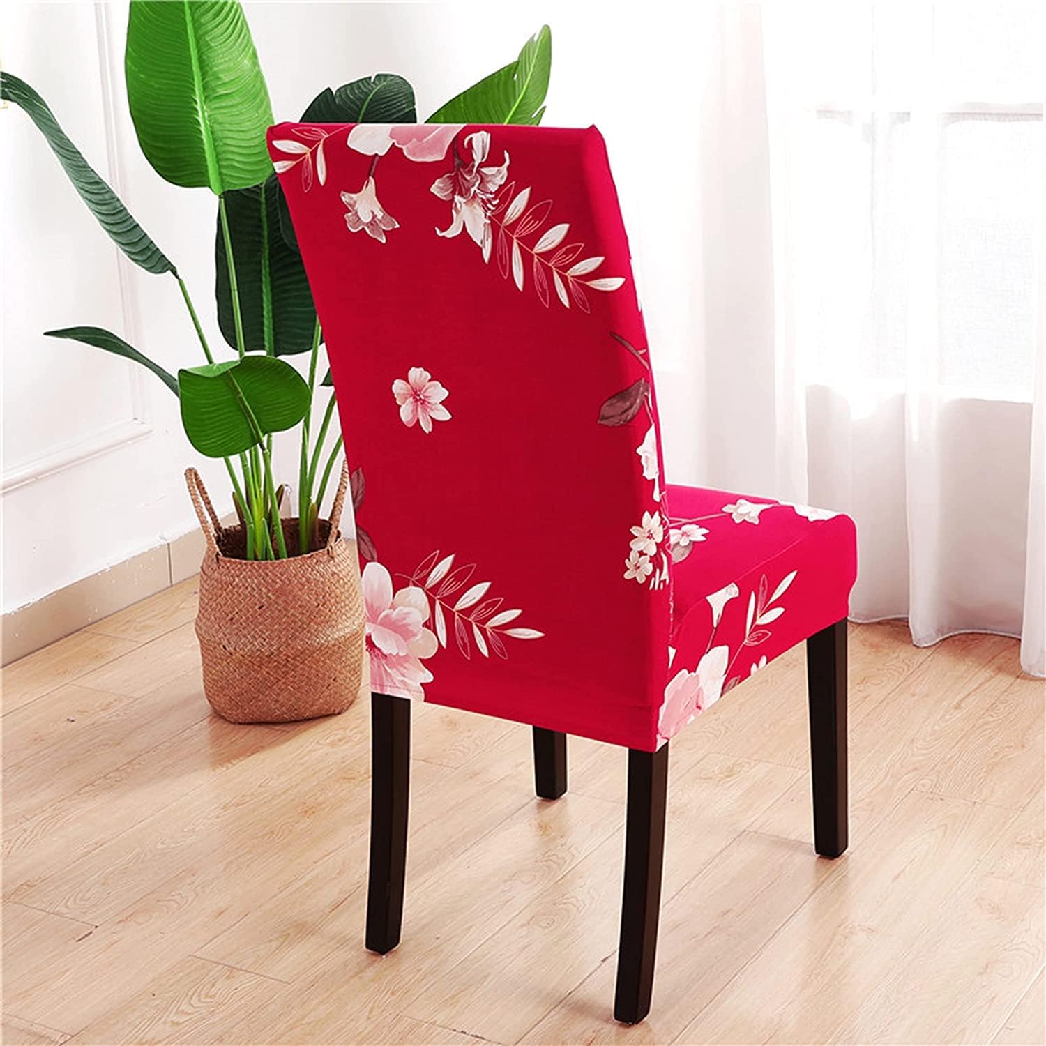 Lukzer 4PC's Red Flower Design Stretchable Dining Chair Cover | Universal Fit Removable Washable Slipcover | 140 GSM Polyester Spandex | Elastic Protective Cover for Home & Hotel Chairs (CC-014-04) 1