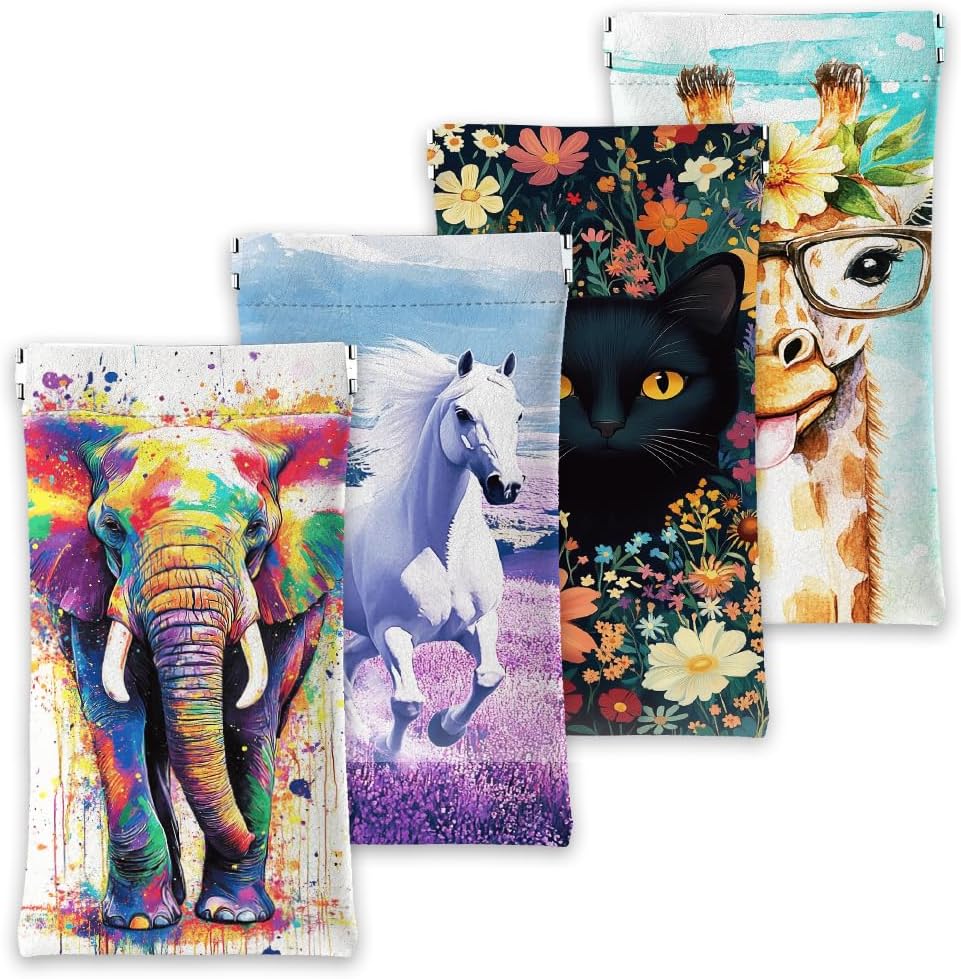 GLOBLELAND 4Pcs Soft Glasses Case Fantasy Squeeze Top Eyeglass Case Travel PU Leather Sunglass Case Pouch for Women Men