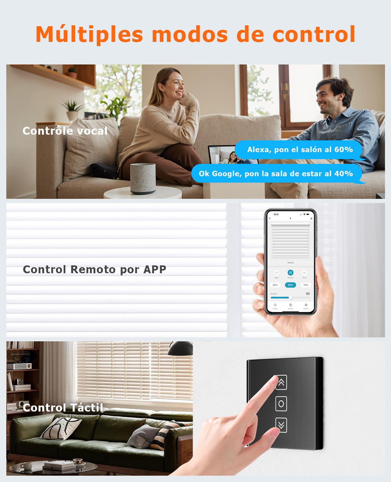Interruptor de Persianas Wifi Porcentual 80x 80mm, Interruptor de Persiana Inteligente Control por Smart Life, Compatible con Alexa/Google Assistant, Requiere Cable Neutro